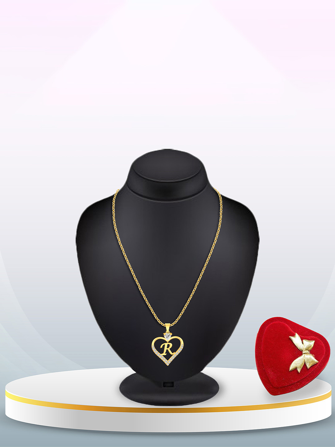 Heer Collection Gold-Plated CZ Studded Alphabet 'R' Heart Shaped Pendant & Chain
