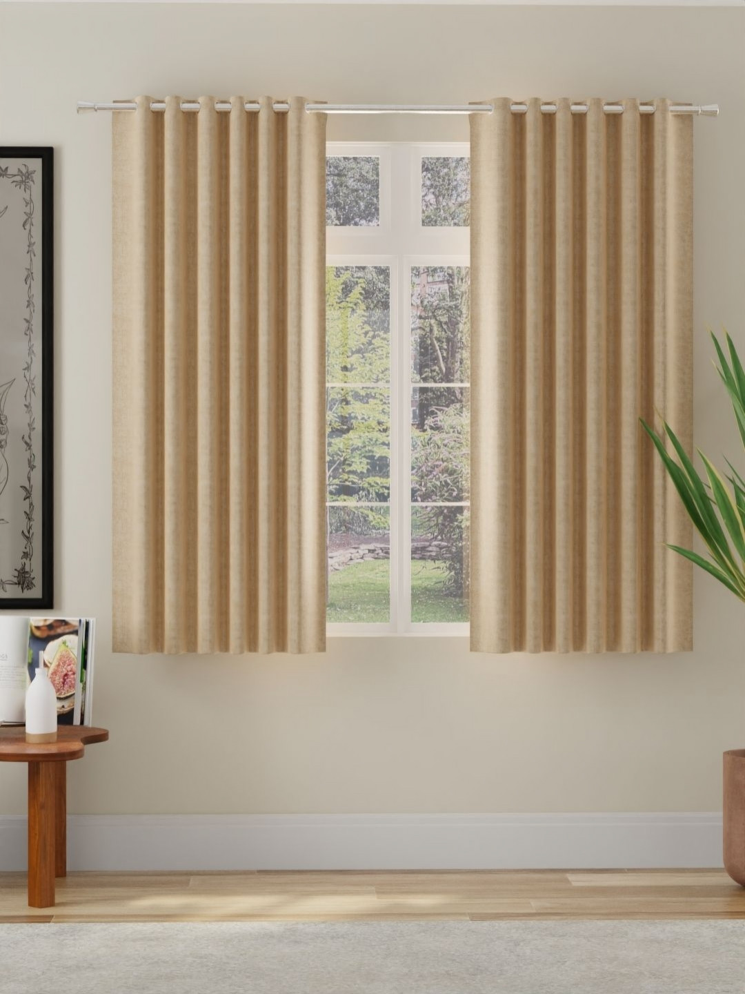 ROSARA HOME Beige 2 Pieces Self Design Room Darkening Eyelet Window Curtains