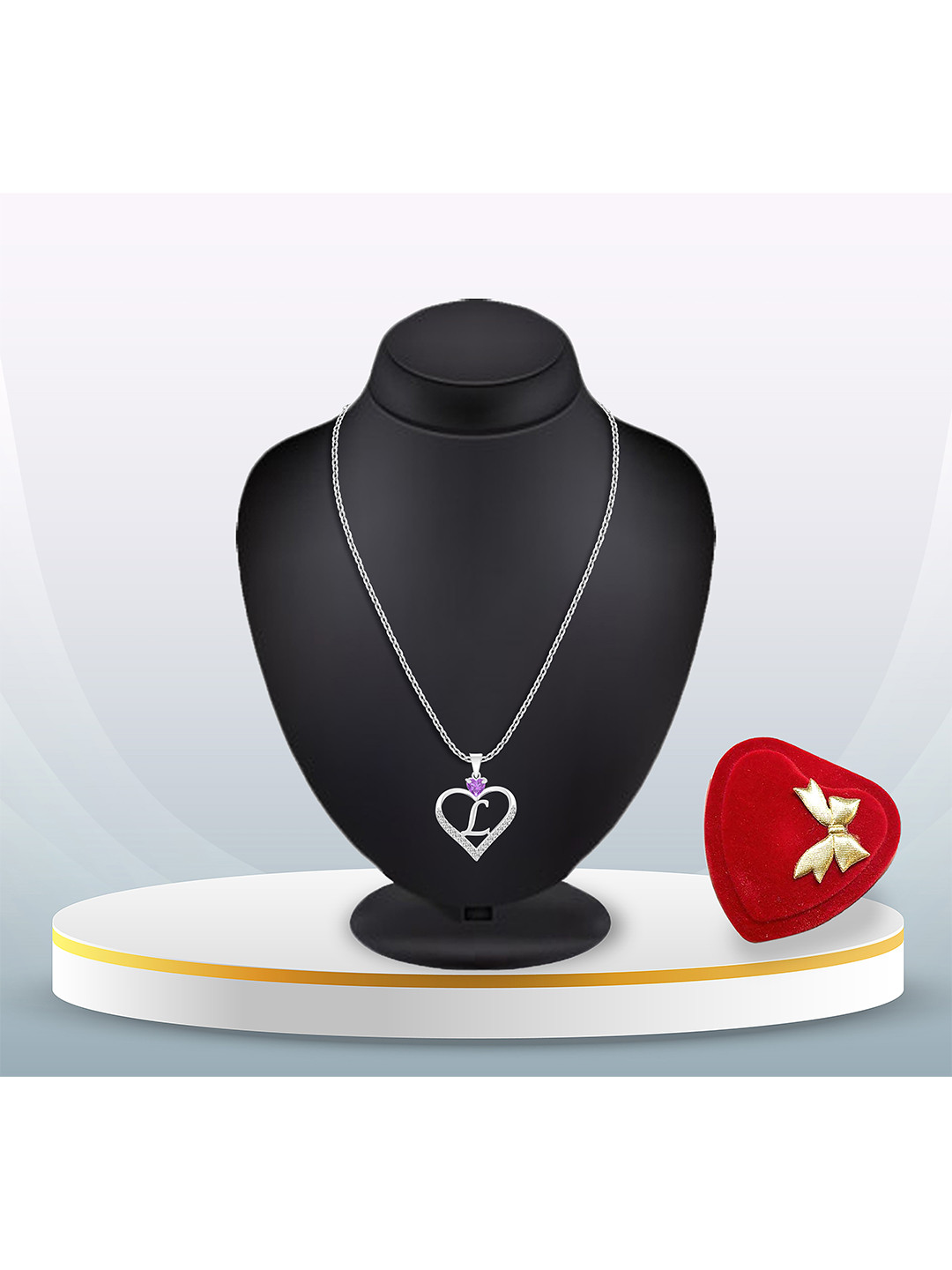 Heer Collection Silver-Plated CZ Studded Alphabet 'L' Heart Shaped Pendant & Chain
