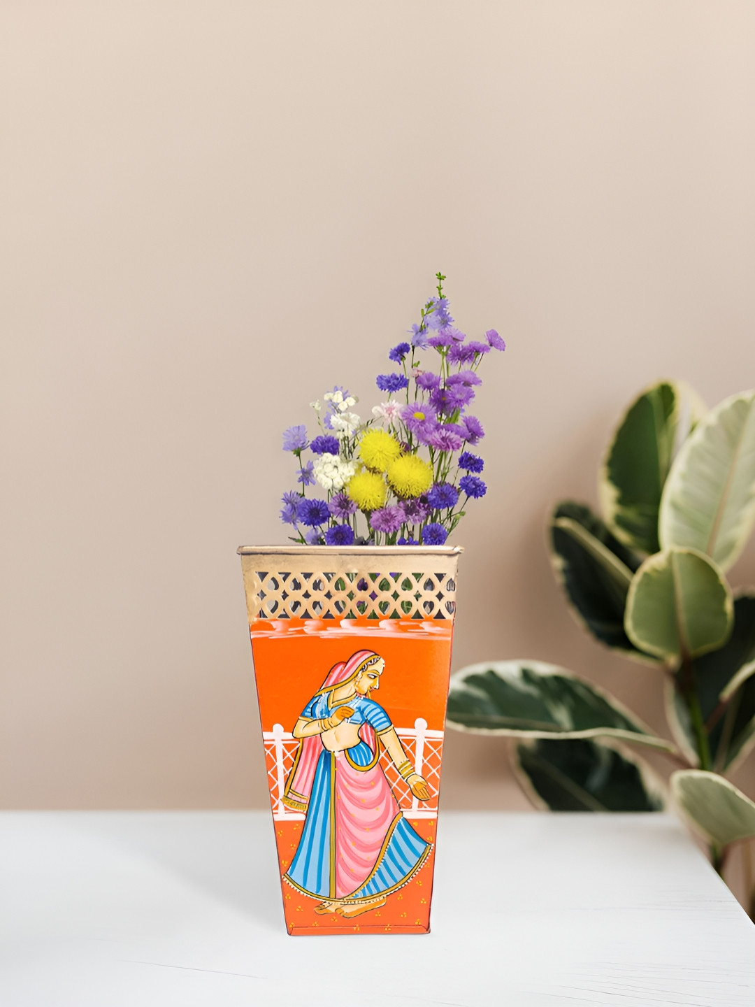 Golden Peacock Orange & Purple Metal Showpiece