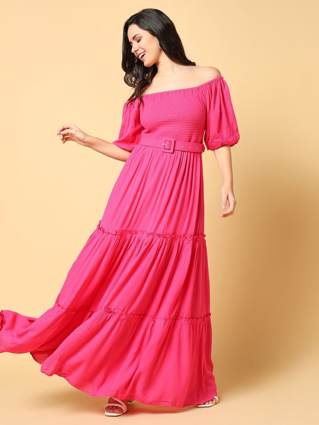 SHOWOFF Women Off-Shoulder Smocked Puff Sleeve Gown Dress