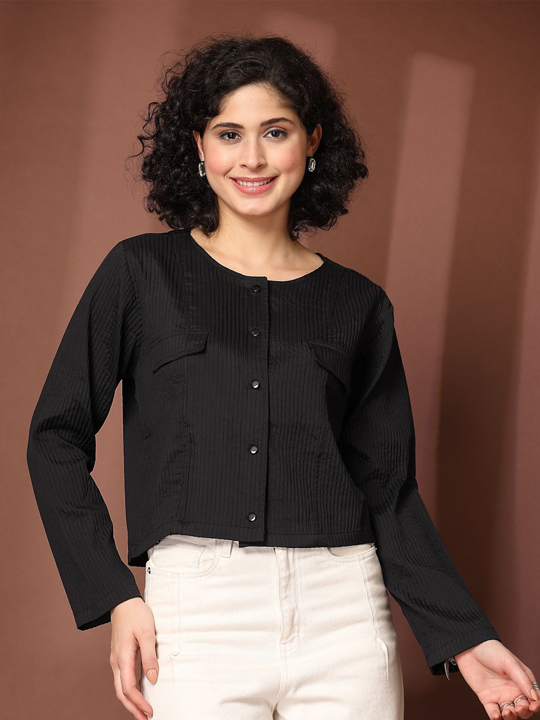 plusS Women Standard Collar Vertical Stripes Casual Shirt