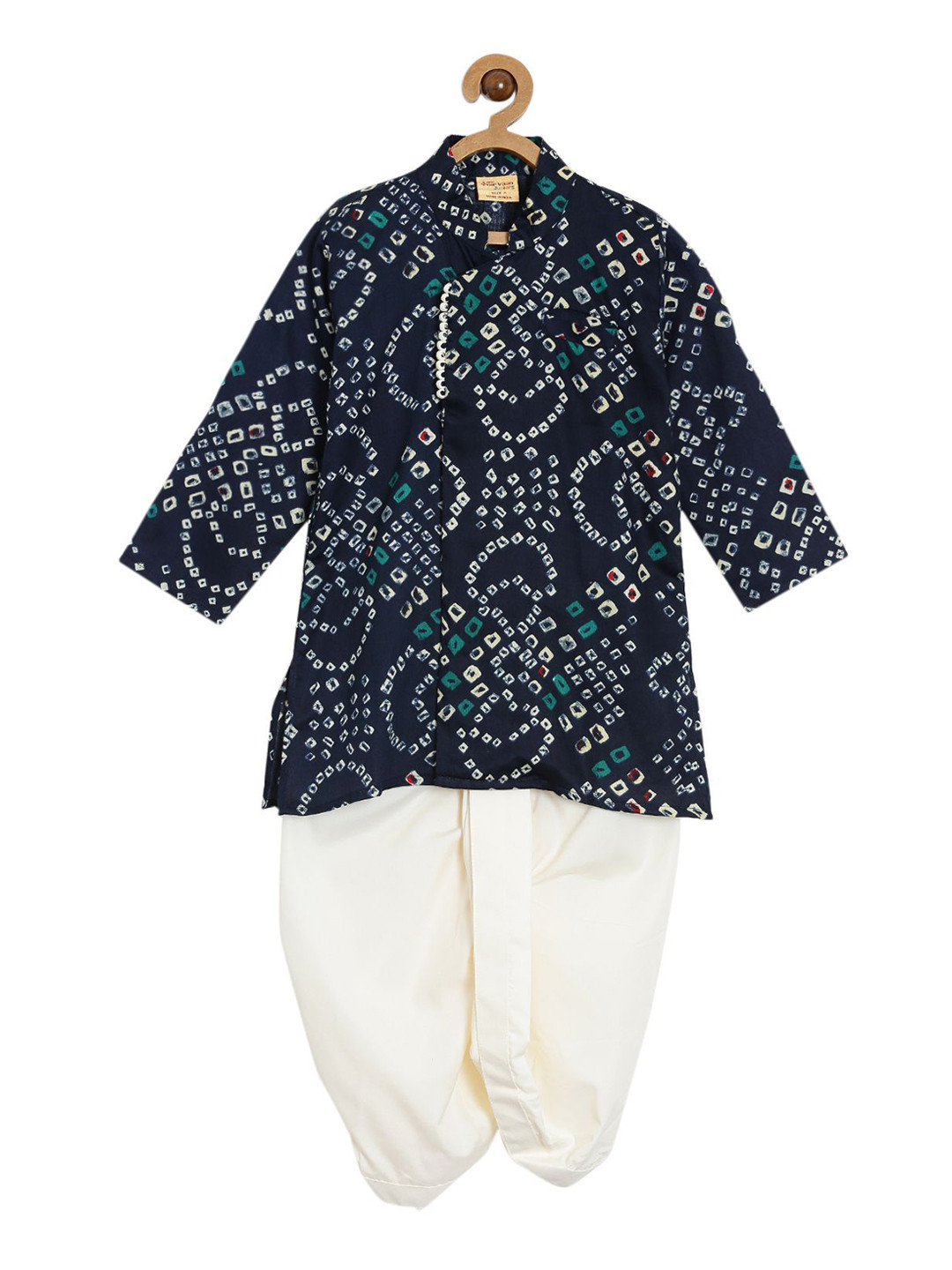 NIRVAAN Boys Bandhani Printed Mandarin Collar Pure Cotton Straight Kurta with Dhoti Pants