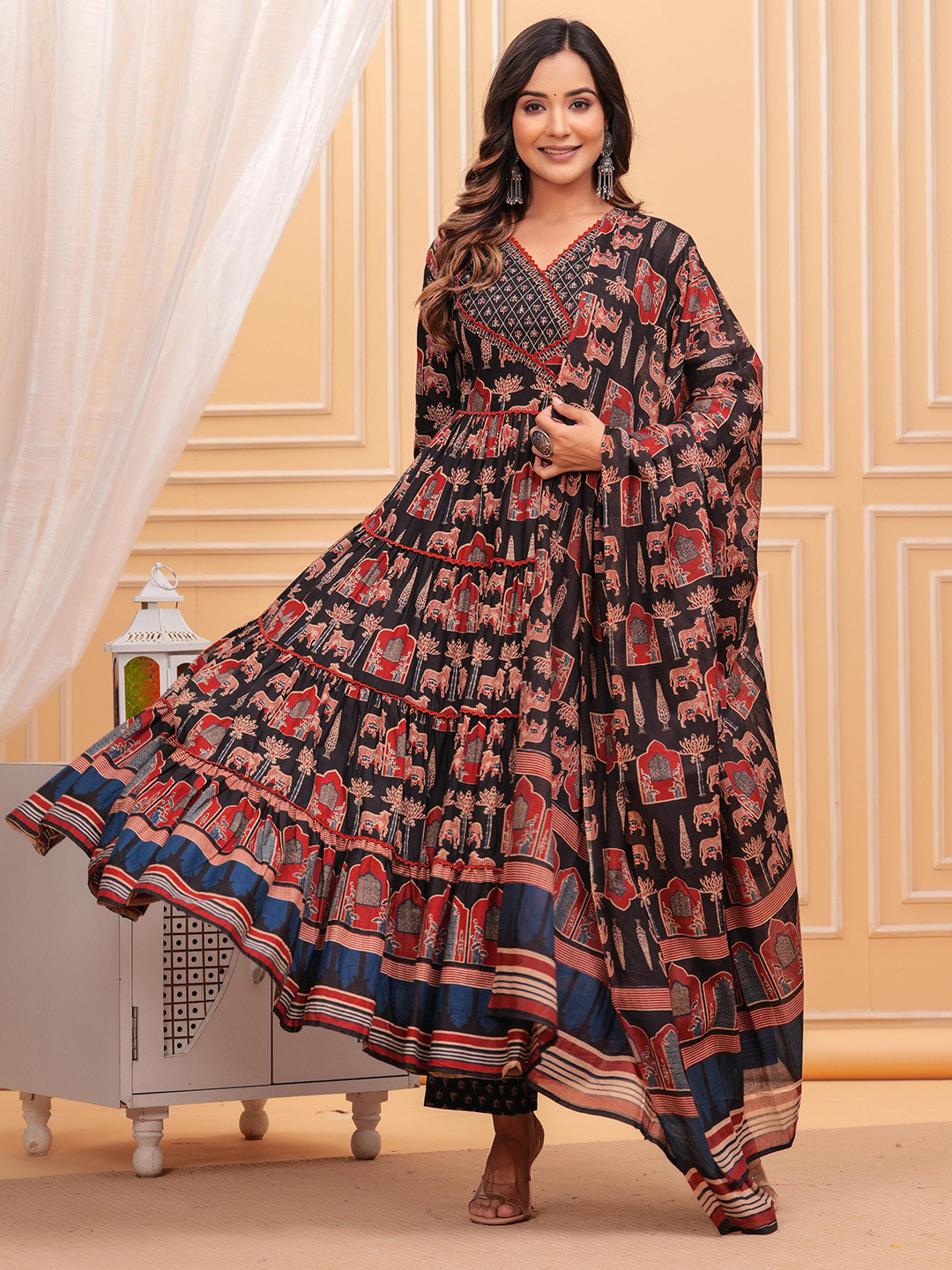 Mizaz Floral Printed Layered Sequinned Pure Cotton Anarkali Kurta With Trousers & Dupatta
