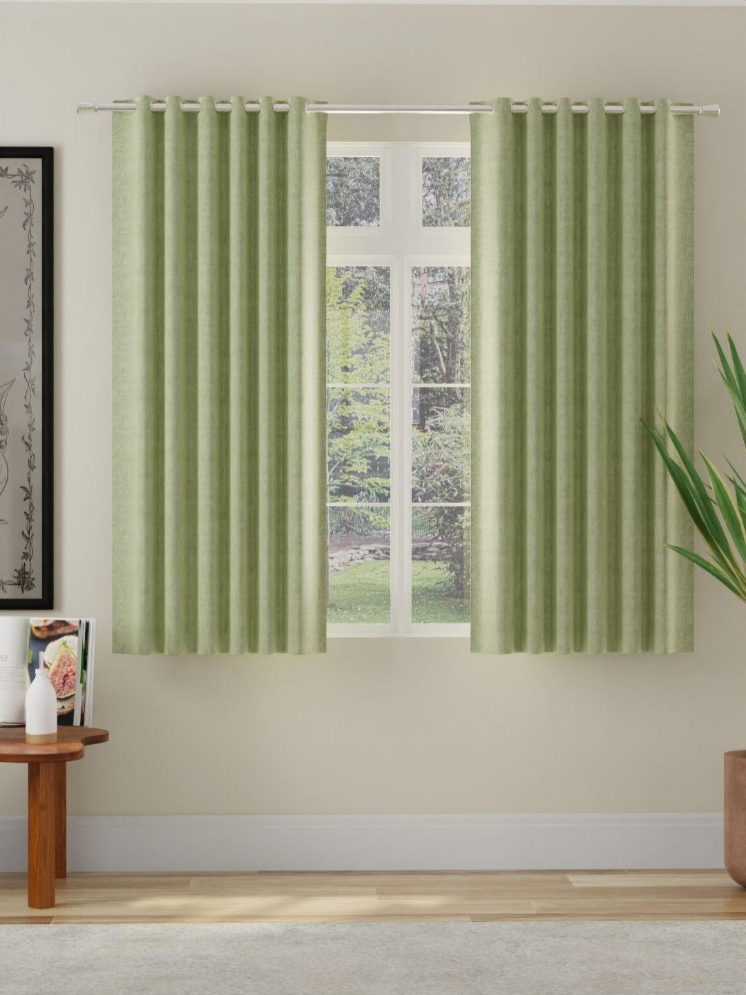 ROSARA HOME Green 2 Pieces Self Design Room Darkening Eyelet Window Curtains