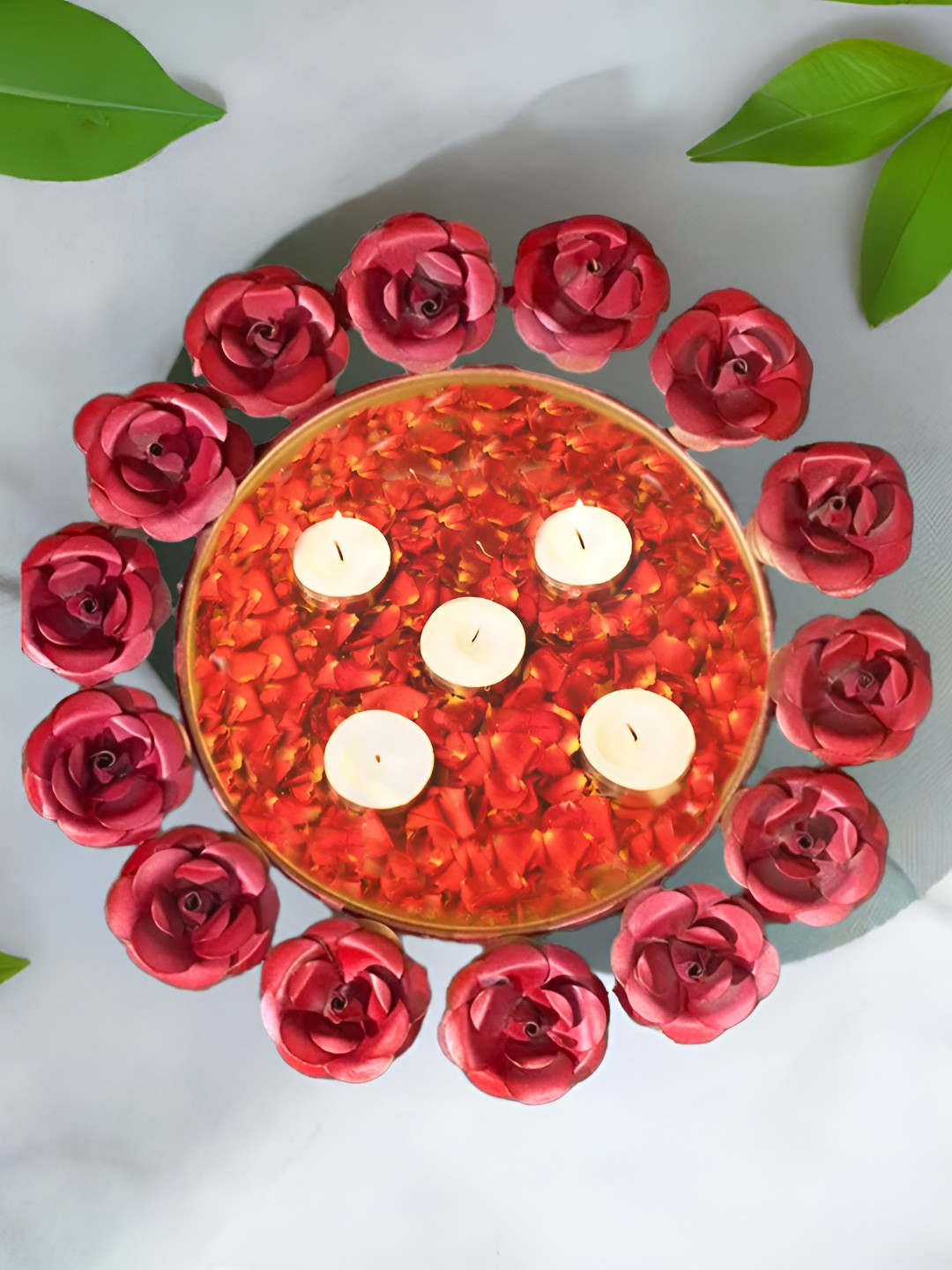 Special You Maroon & Gold Toned 6 Pieces Textured Urli Decorative Bowl & T-Light Candles