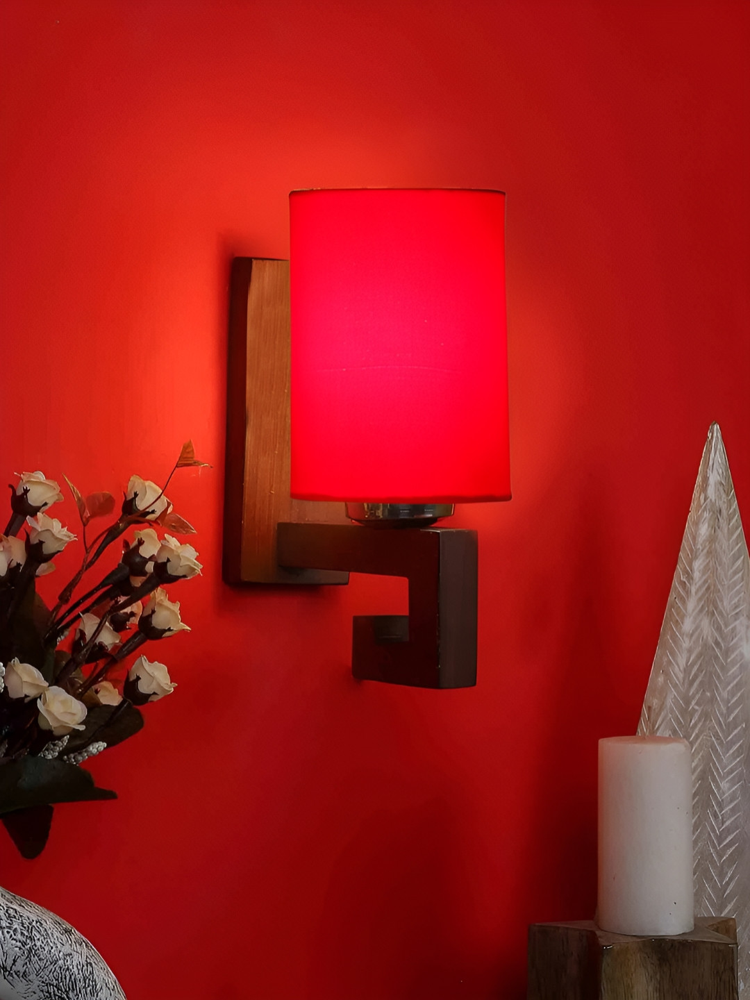 Devansh Red & Brown Wood Traditional Cylinder Shaped Wall Lamp