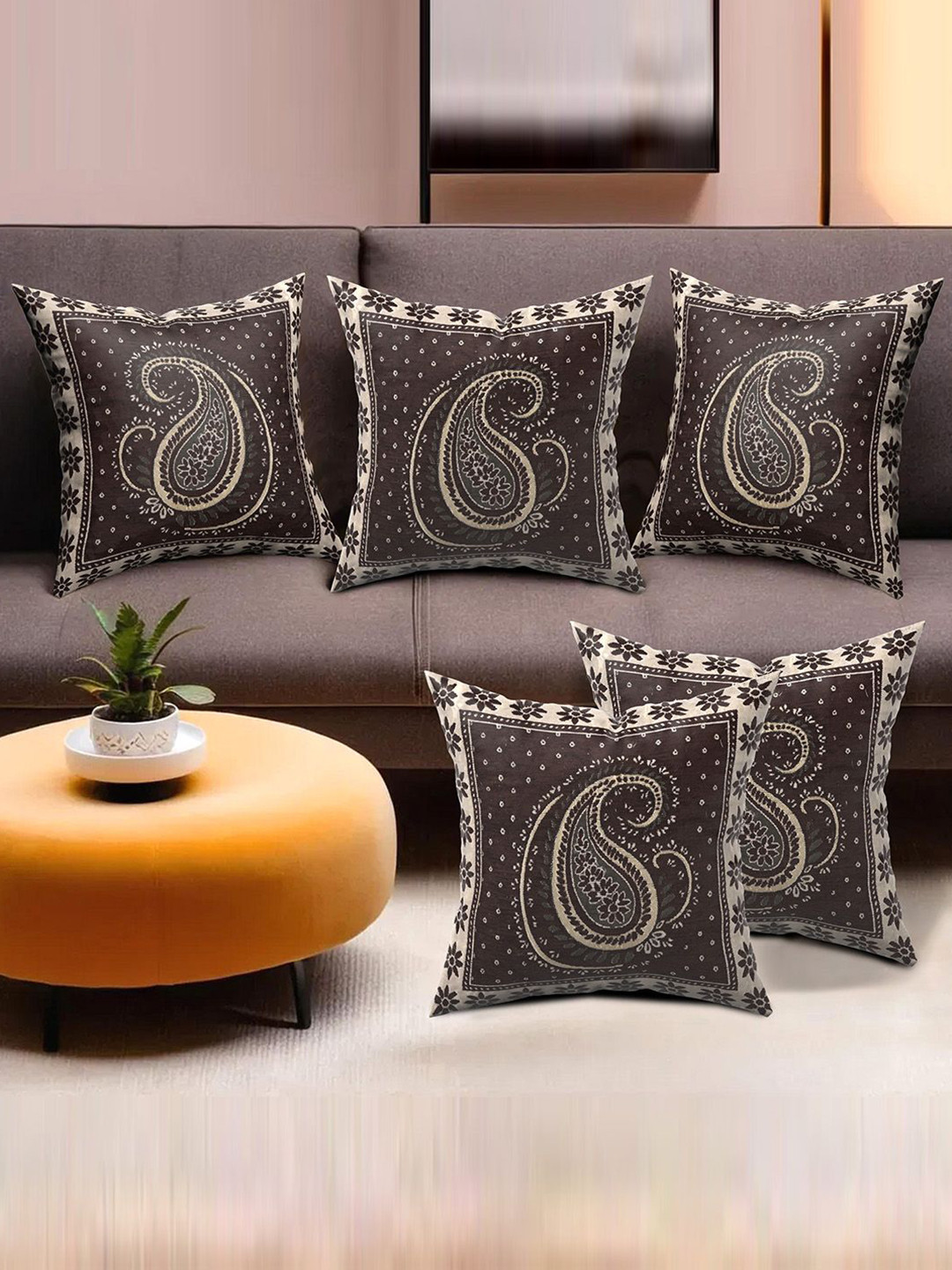Kuber Industries Brown Paisley Polyester Washable 5 Piece Square Cushion Covers -16x16In