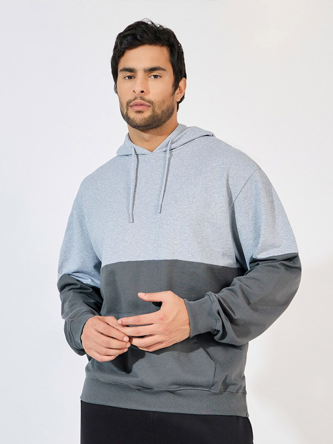 Styli Men Colourblocked Terry Cotton Eco Earth Relaxed Fit Pullover Hoodie with Kangaroo Pockets