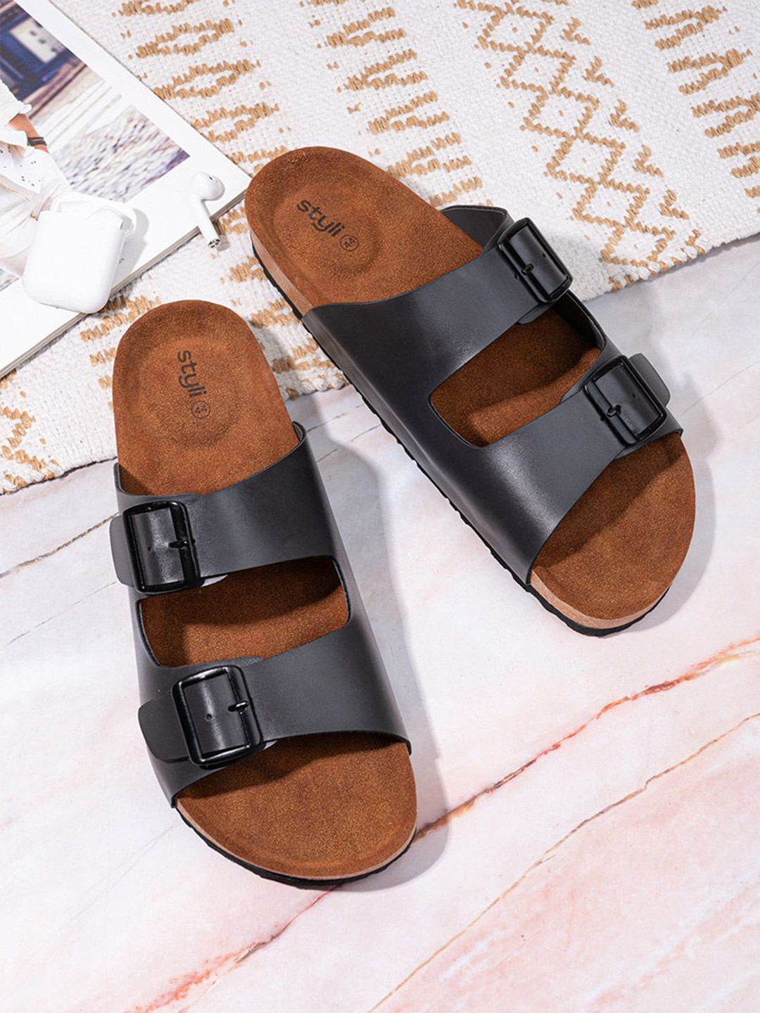 Styli Men Faux Leather Comfort Sandals With Double Buckle Straps