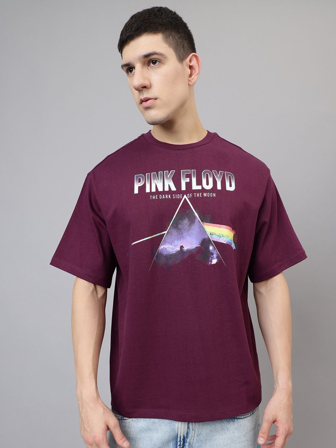 Free Authority Men Pink Floyd Graphic Printed Round Neck Cotton Oversized T-shirt