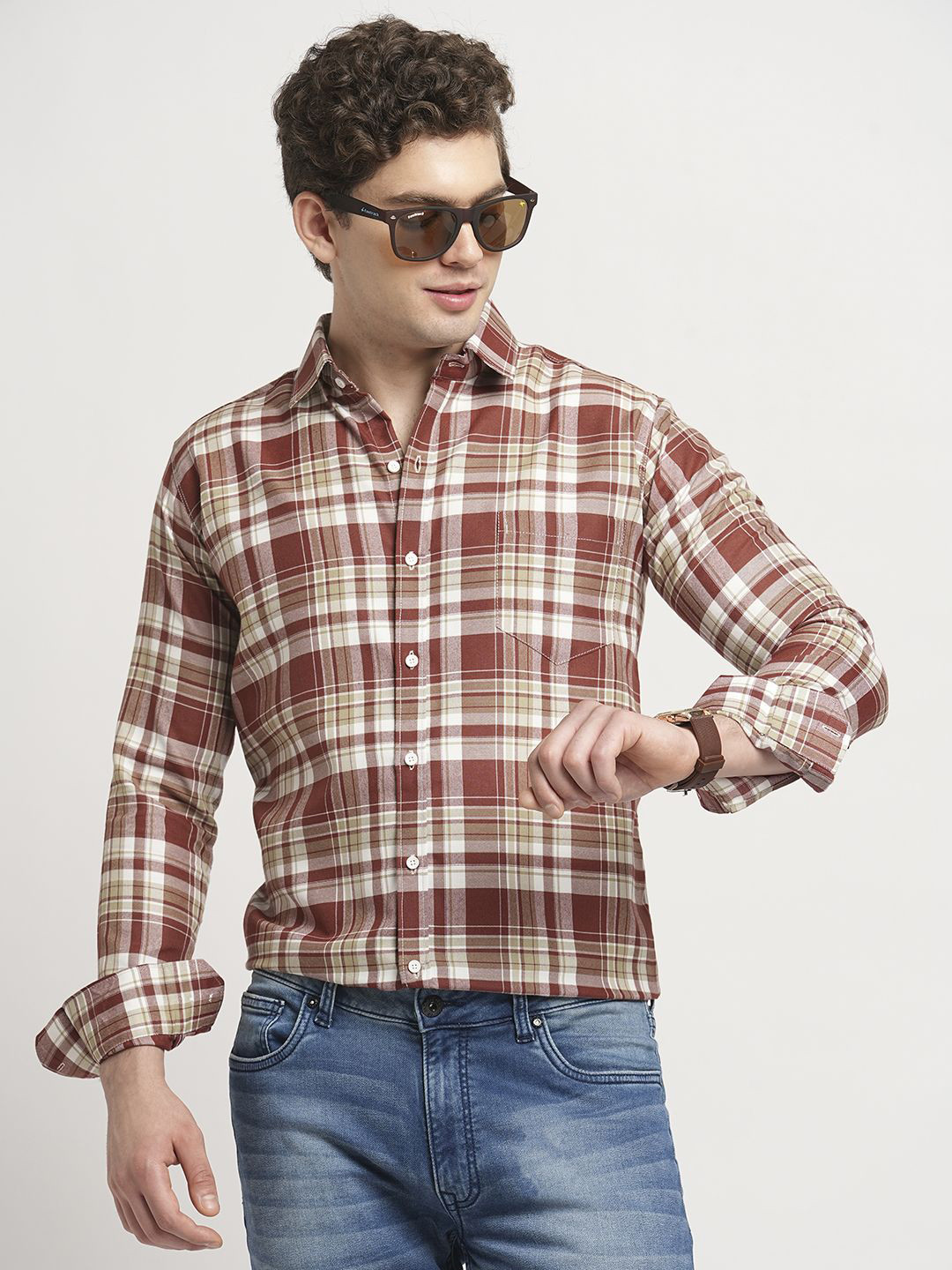 TRYBUY.IN Men Standard Fit Spread Collar Checked Cotton Casual Shirt