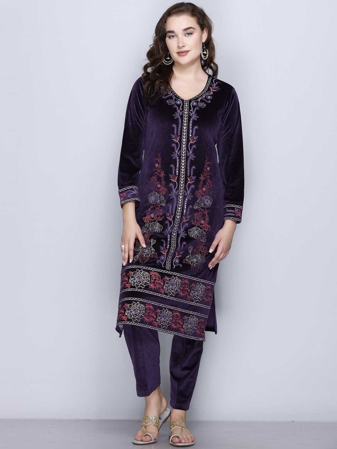 EVORA Floral Embroidered Thread Work Velvet Straight Kurta with Trouser & Dupatta