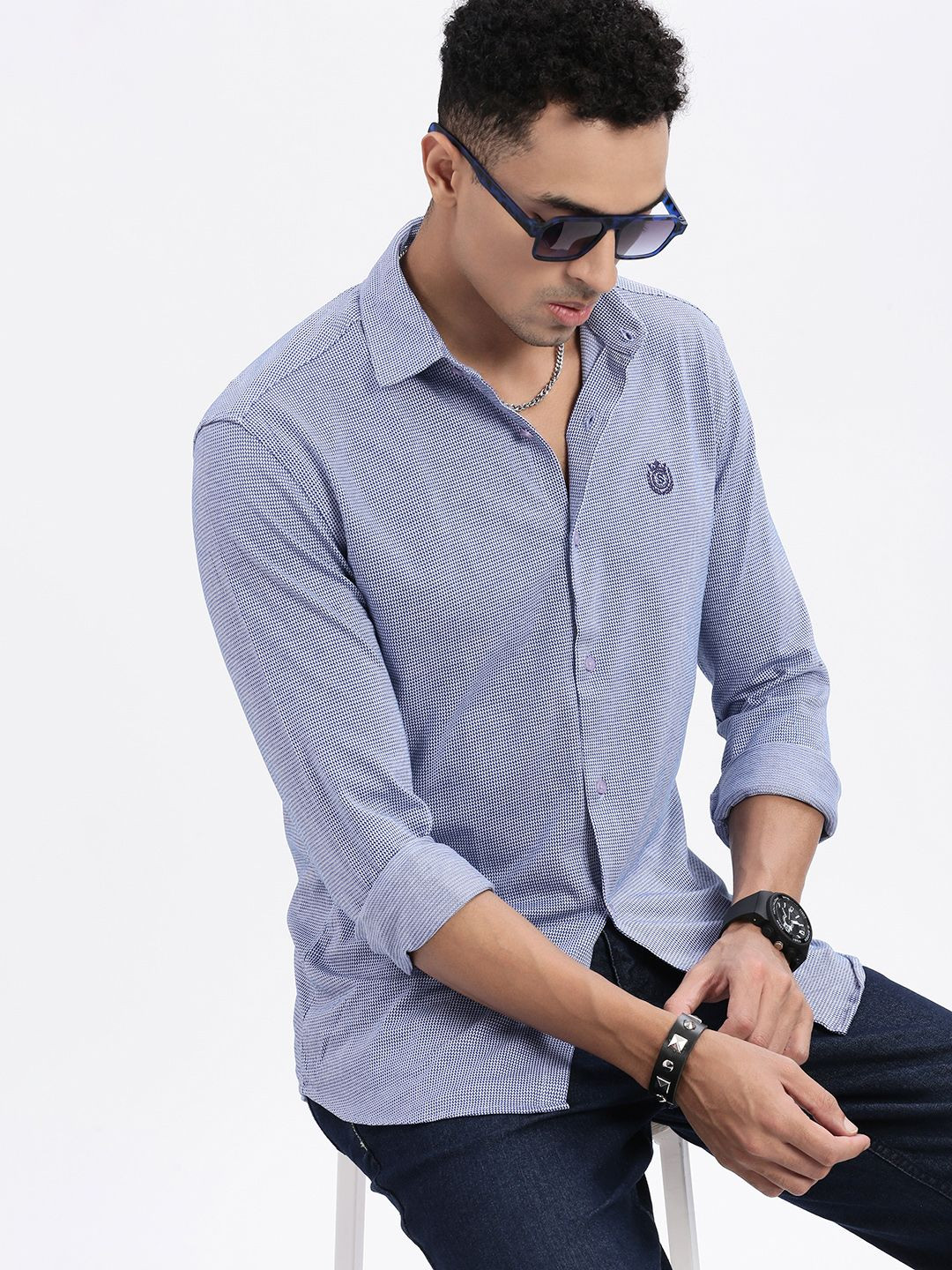 SHOWOFF Men Standard Spread Collar Shepherd Checked Cotton Slim Fit Casual Shirt