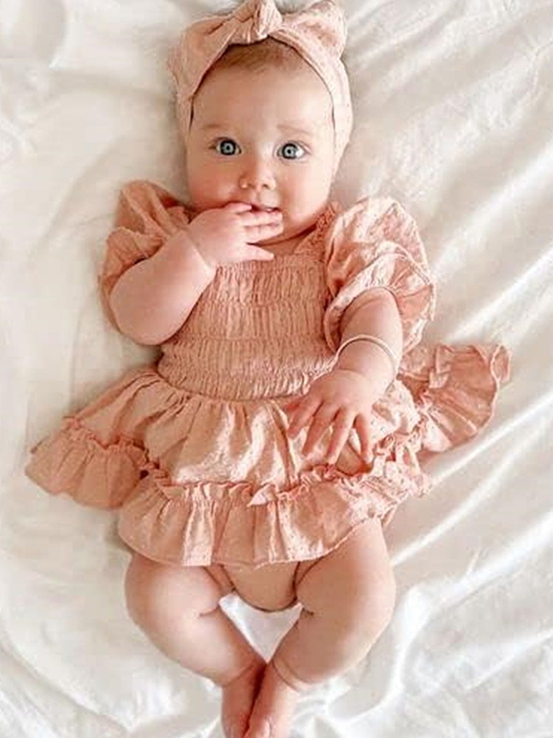 LULU & SKY Girls Infants Self-Design Smocked Cotton Bodysuit With Hairband