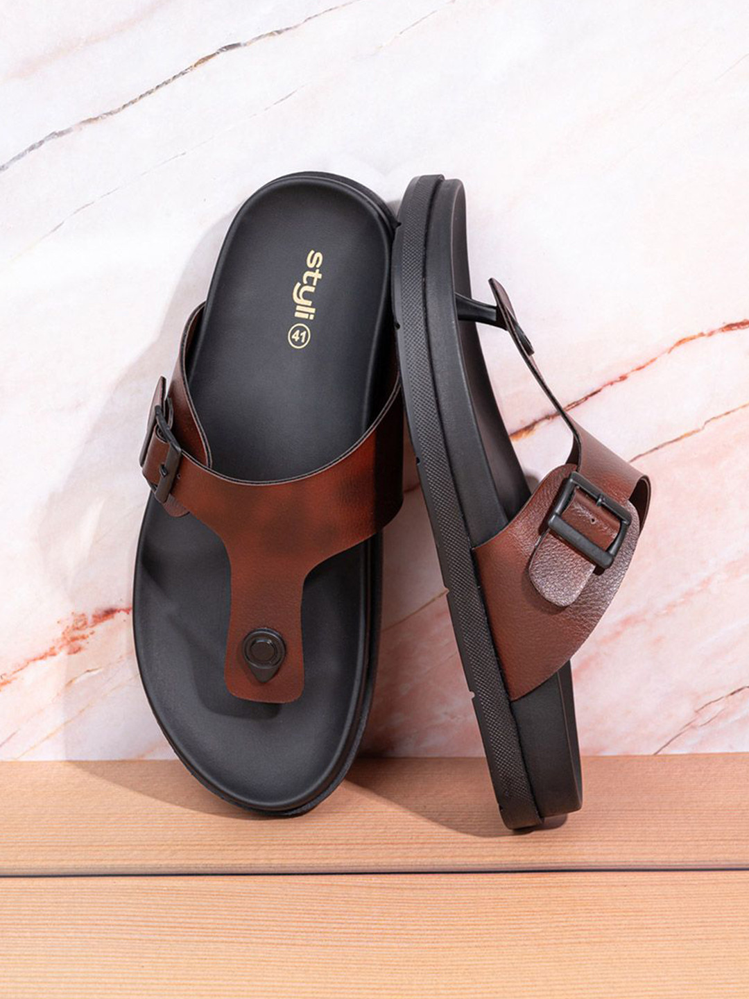 Styli Men Faux Leather Open Toe Sandals With Buckle Detail