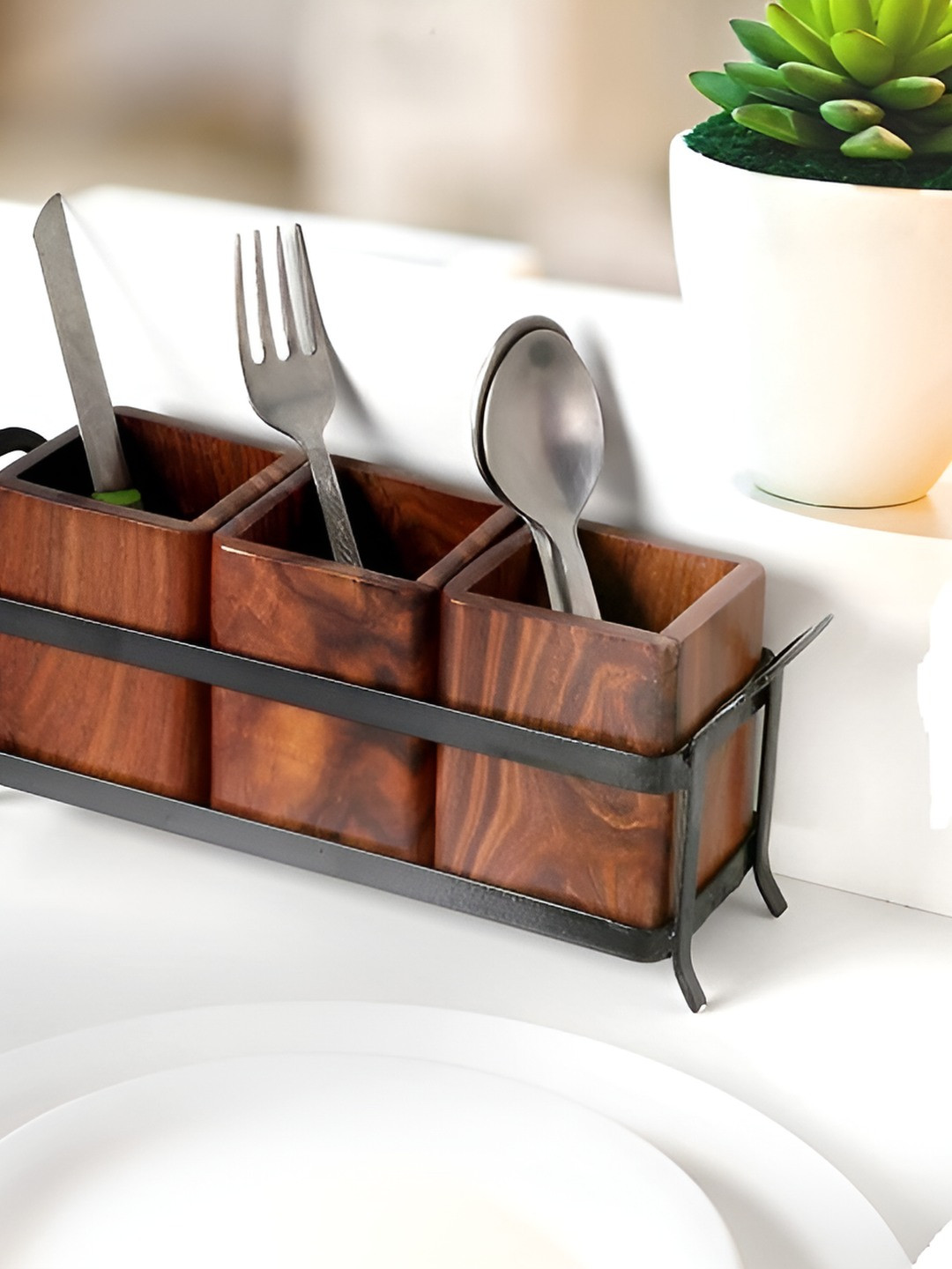 natureCRAFTS Brown & Black 3 Jars Wooden Cutlery Holder