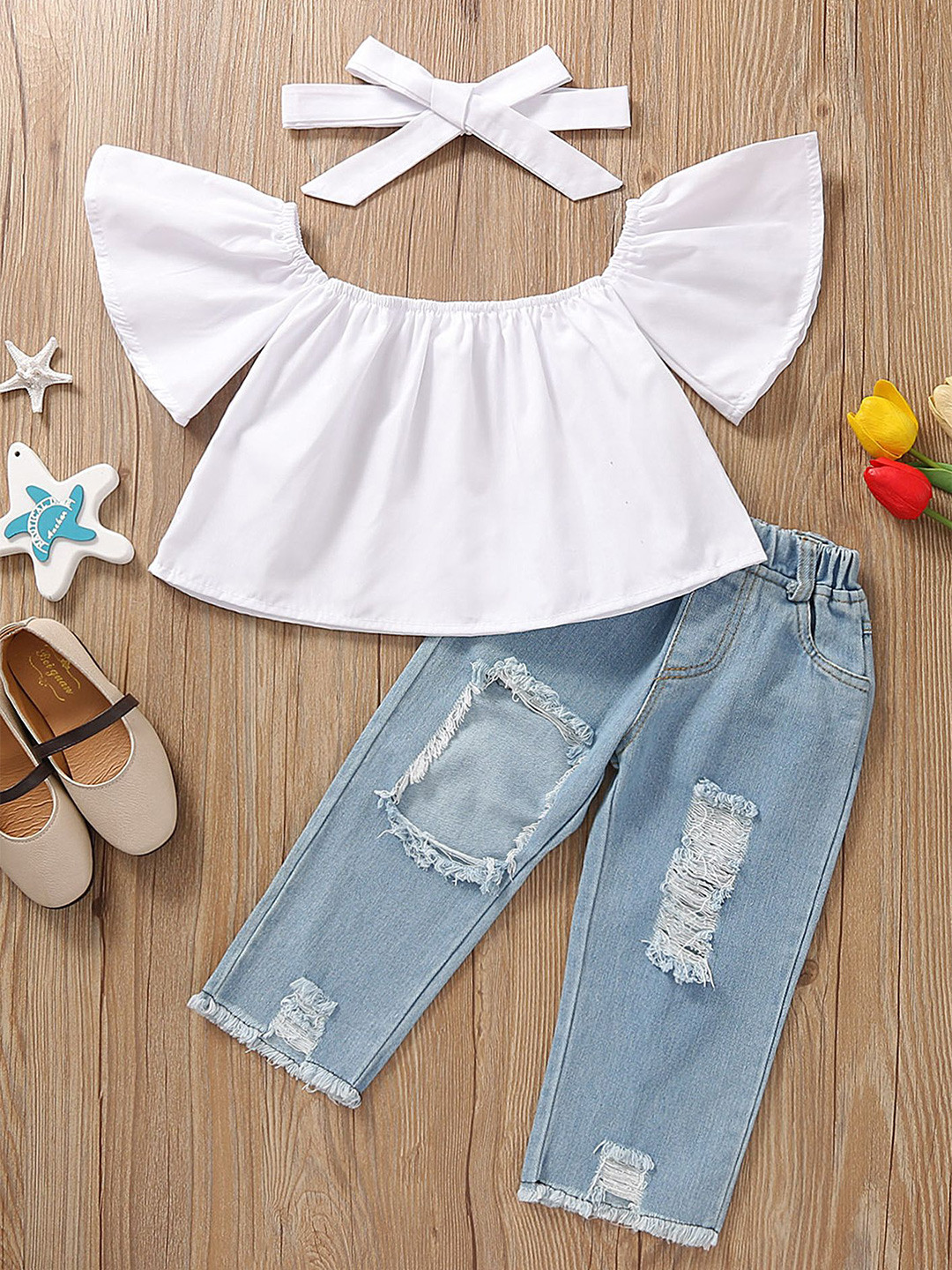 LULU & SKY Girls Top with Skinny Ripped Jeans &  Hairband