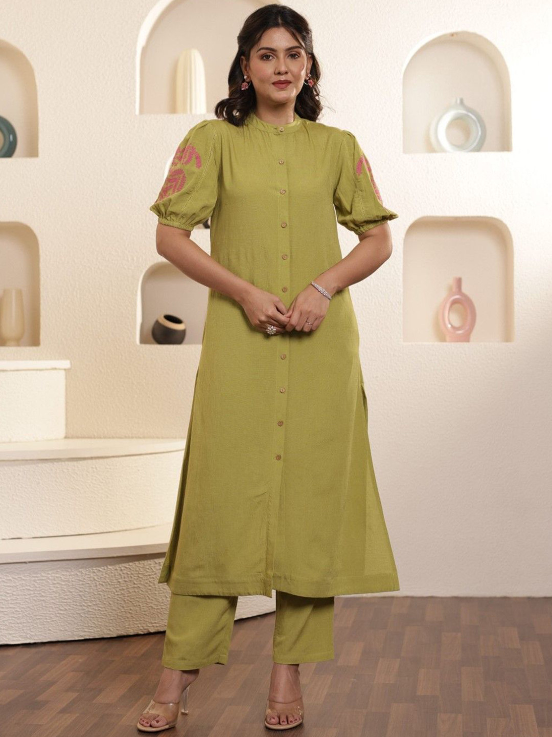 AUTUMN LANE Band Collar Puffed Sleeves Pure Cotton Top with Trouser Co-Ords