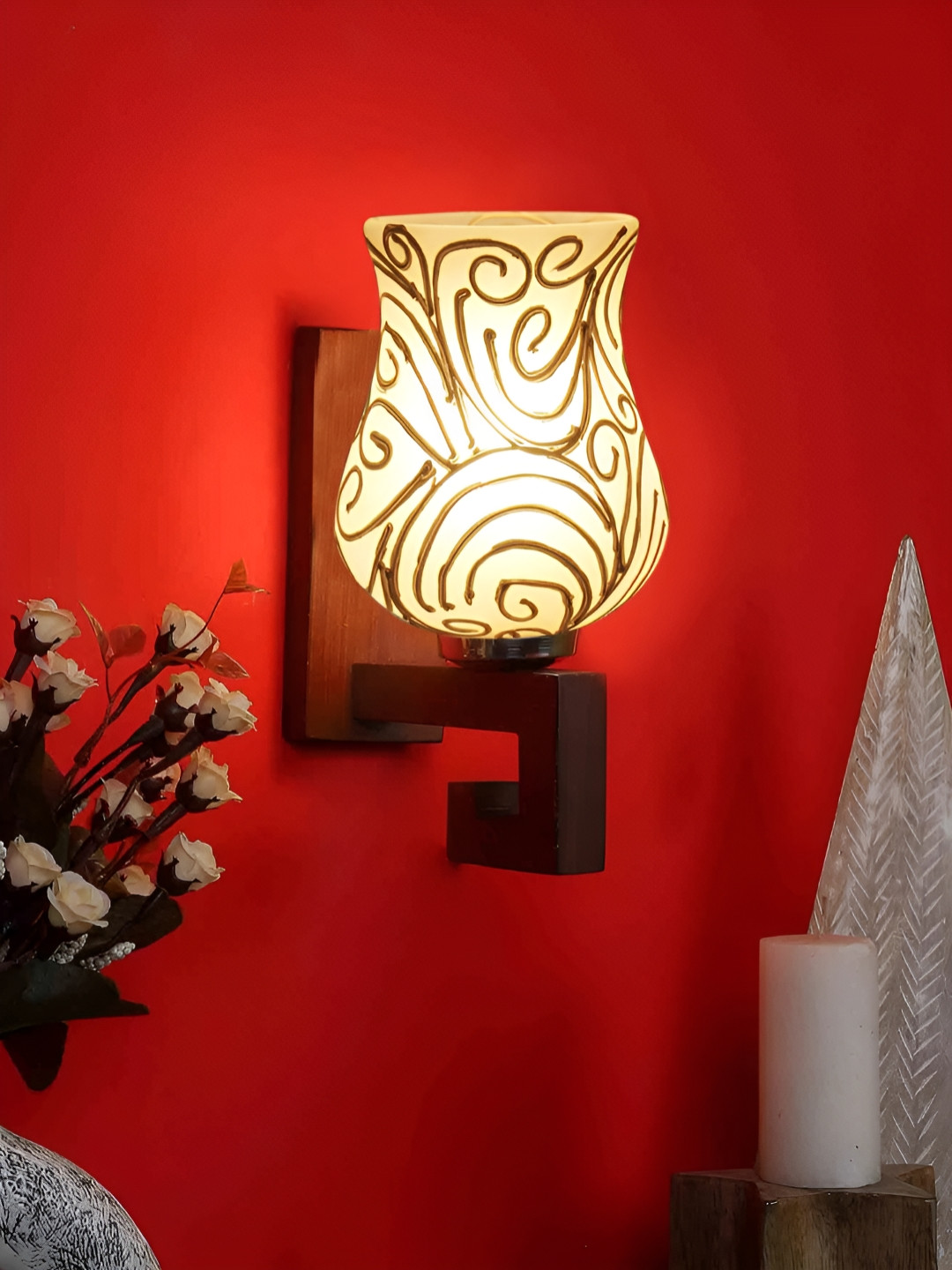 Devansh White & Gold-Toned Textured Wood Abstract Shaped Shaped Wall Lamp