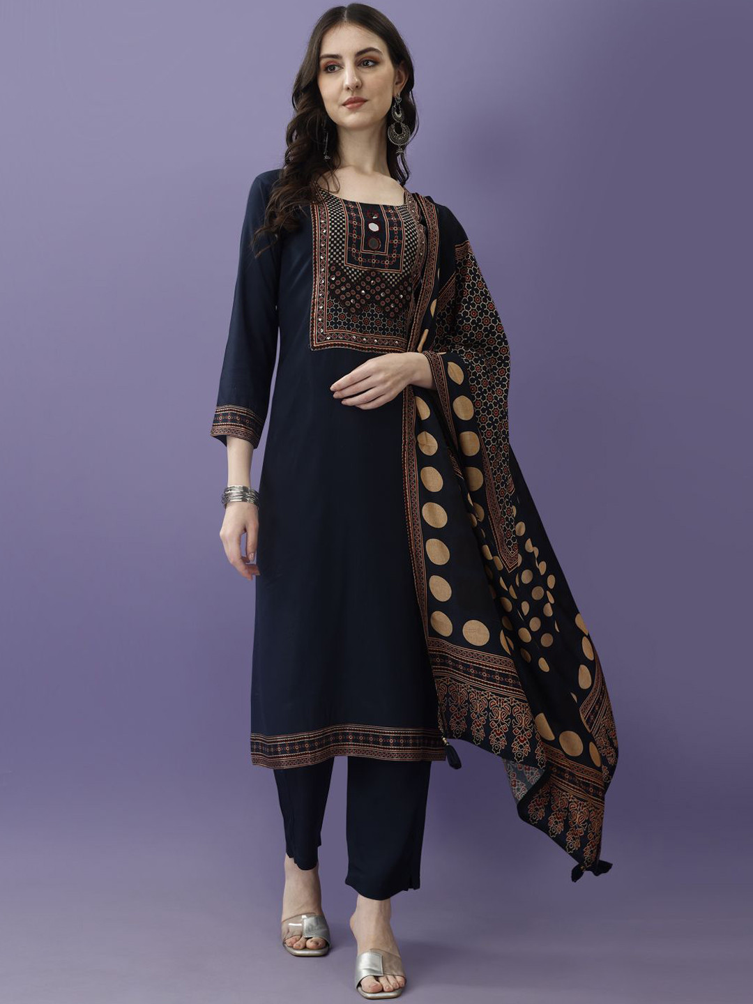 KUNDAN FAB Floral Printed Sequinned Pure Cotton Kurta with Trouser & Dupatta