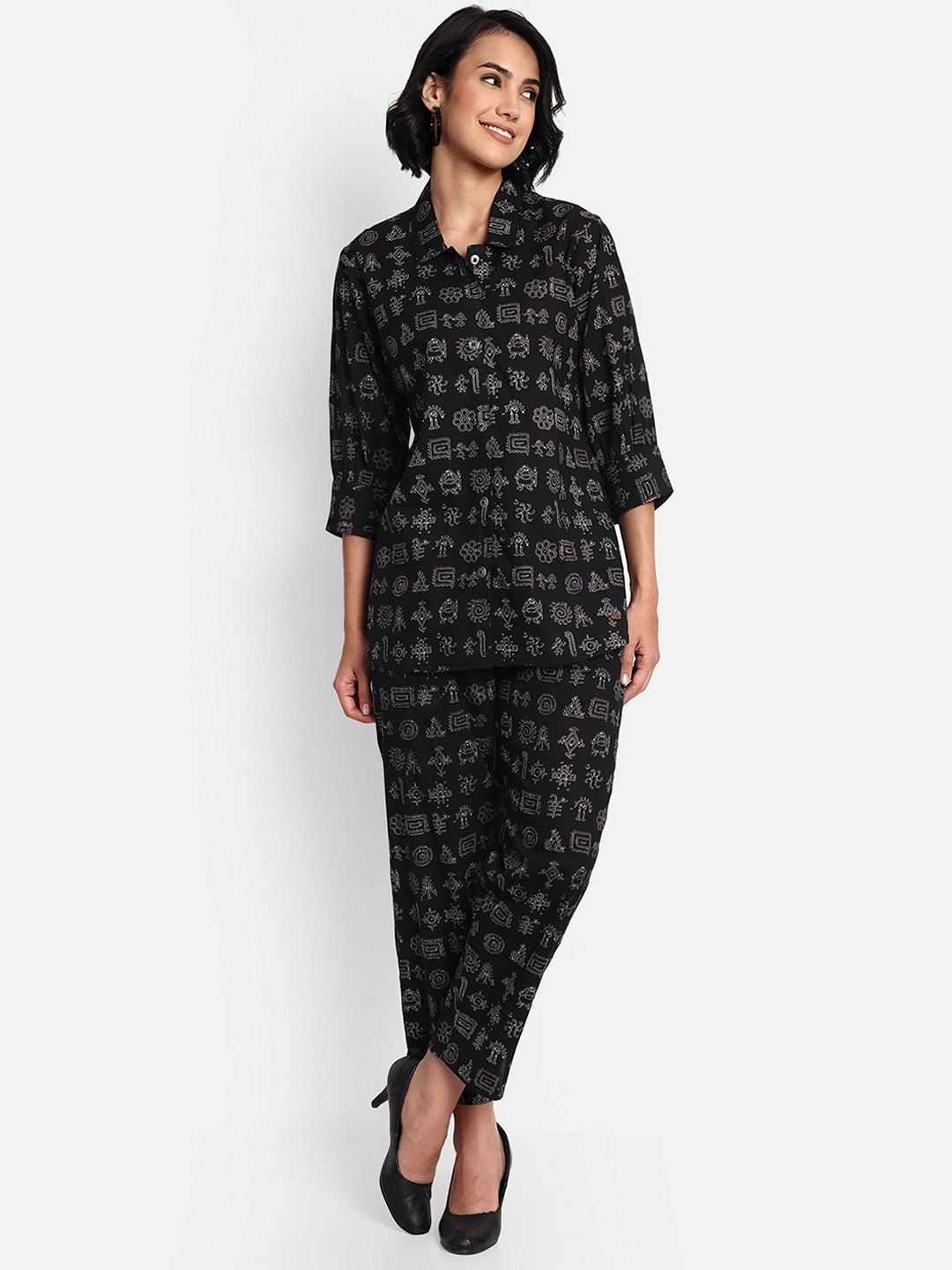 GAB Women Abstract Printed Pure Cotton Shirt With Trousers Co-Ords