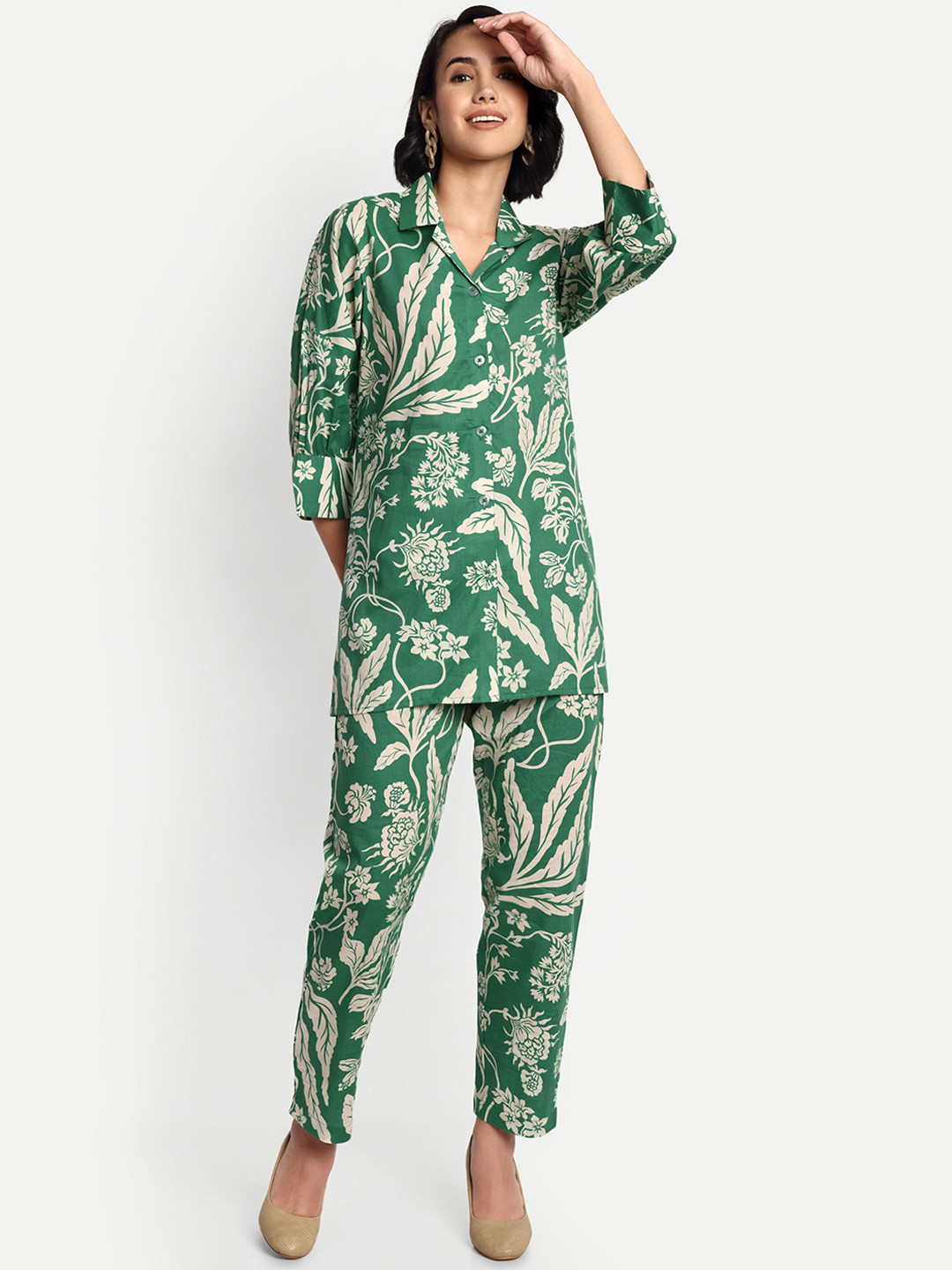 GAB Women Floral Printed Pure Cotton Shirt With Trousers Co-Ords