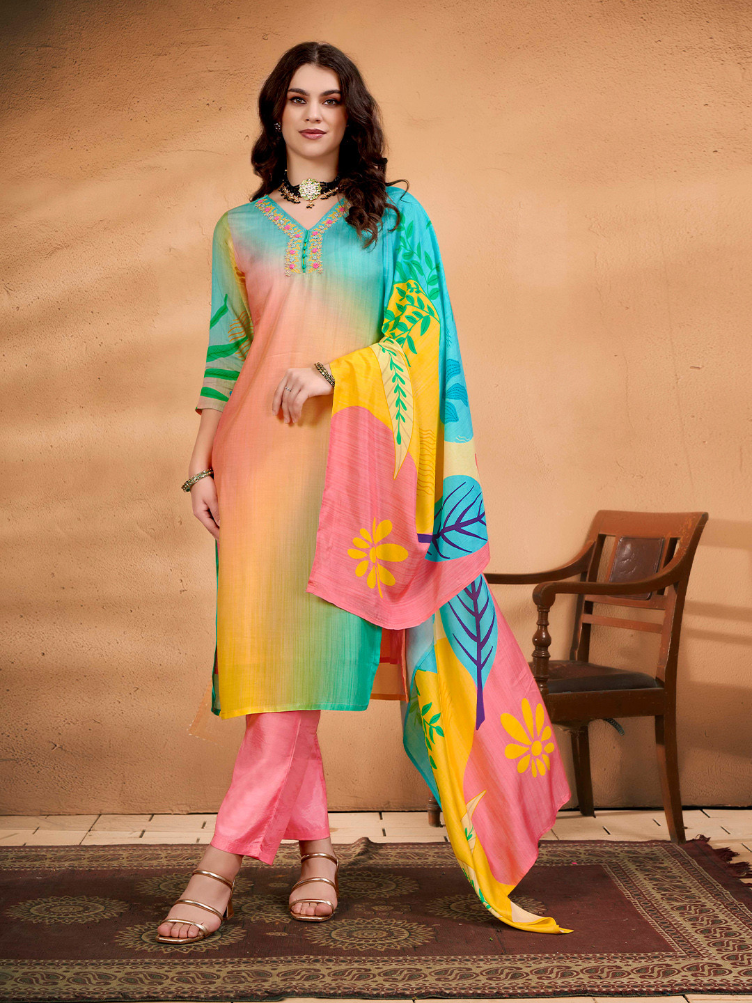 Anouk Blue and Orange Ombre V-Neck Straight Kurta with Trouser and Dupatta