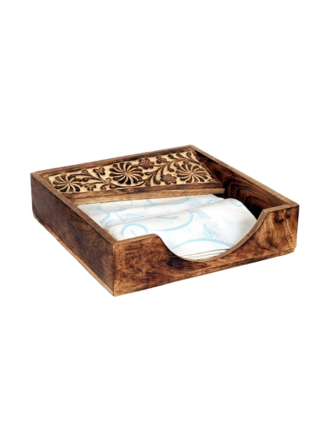 natureCRAFTS Brown Floral Textured Square Shaped Wooden Tissue Holders