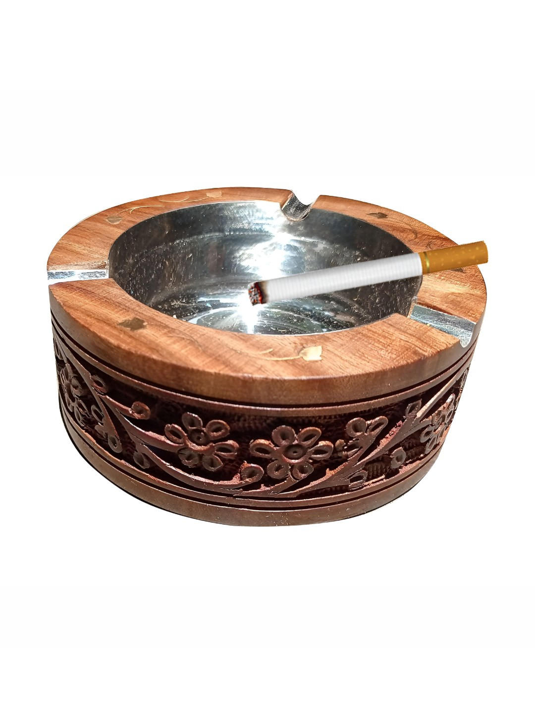 natureCRAFTS Brown Floral Textured Round Shaped Wooden Ash Tray