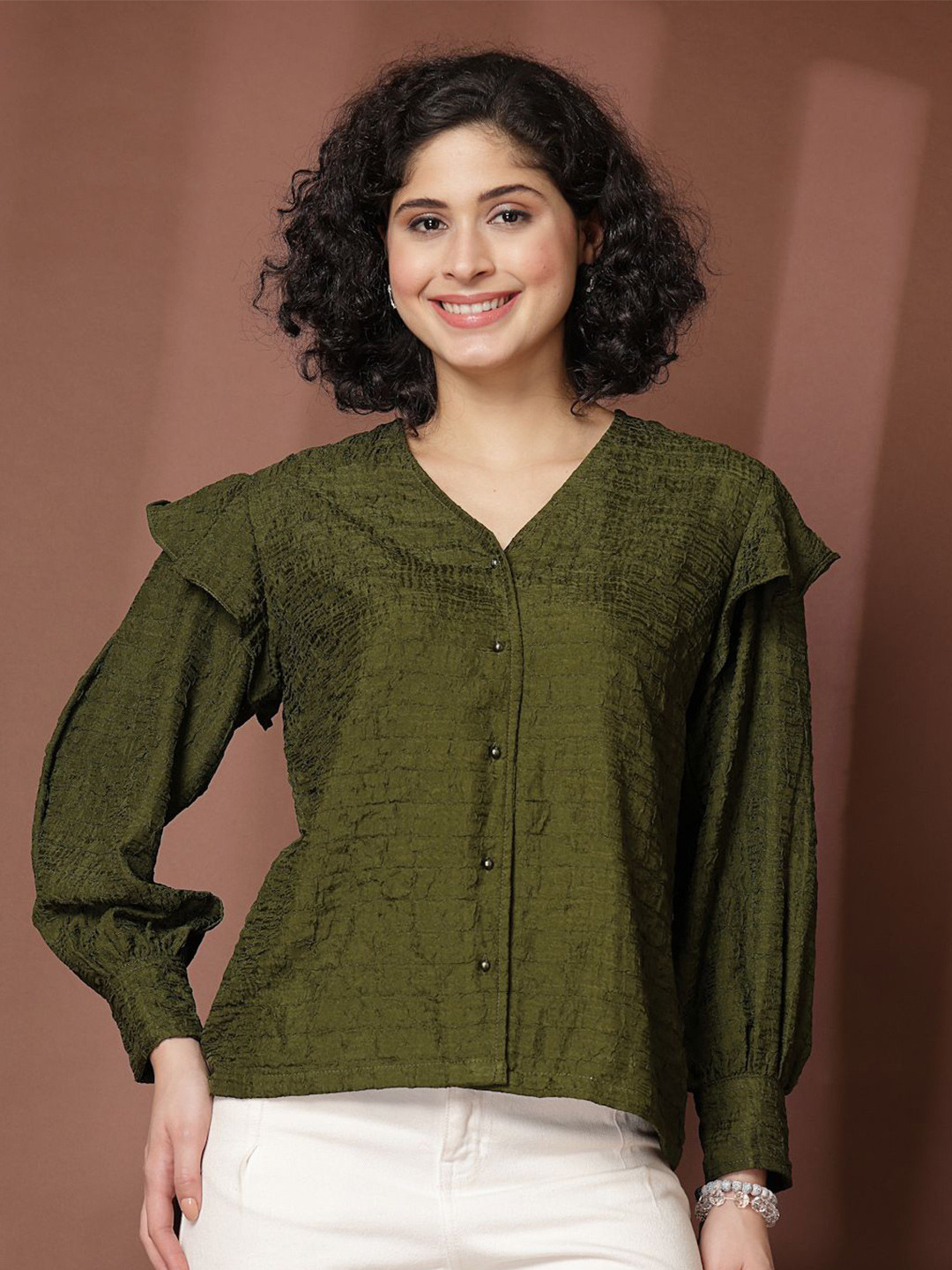 plusS Women Standard Collarless Solid Casual Shirt