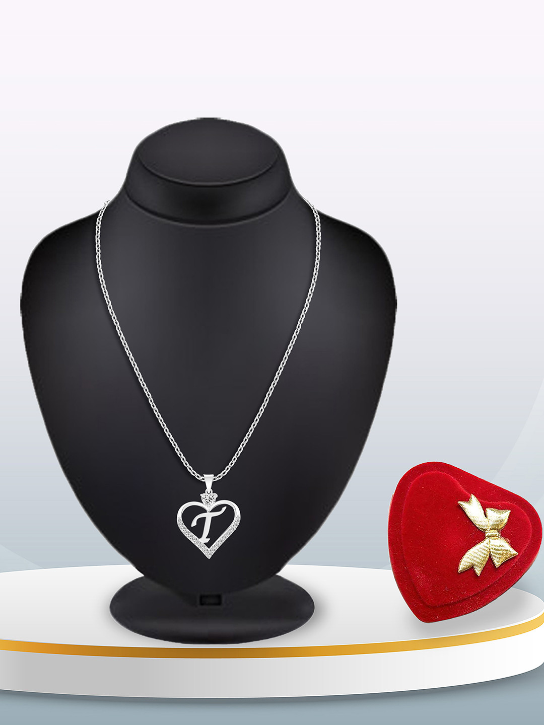 Heer Collection Silver-Plated CZ Studded Alphabet 'T' Heart Shaped Pendant & Chain