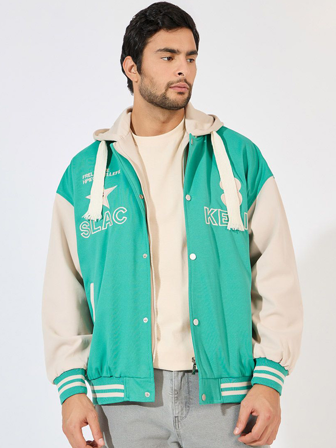 Styli Men Hooded Typography Printed Casual Bomber Jacket