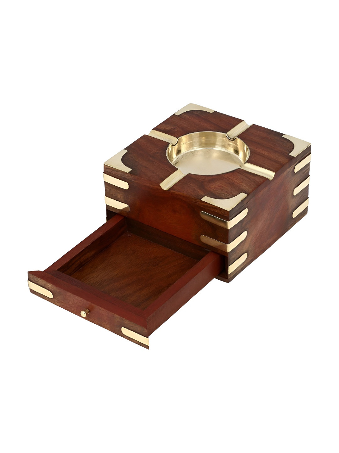 natureCRAFTS Brown & Gold-Toned Square Shaped Drawer Wooden Ash Tray