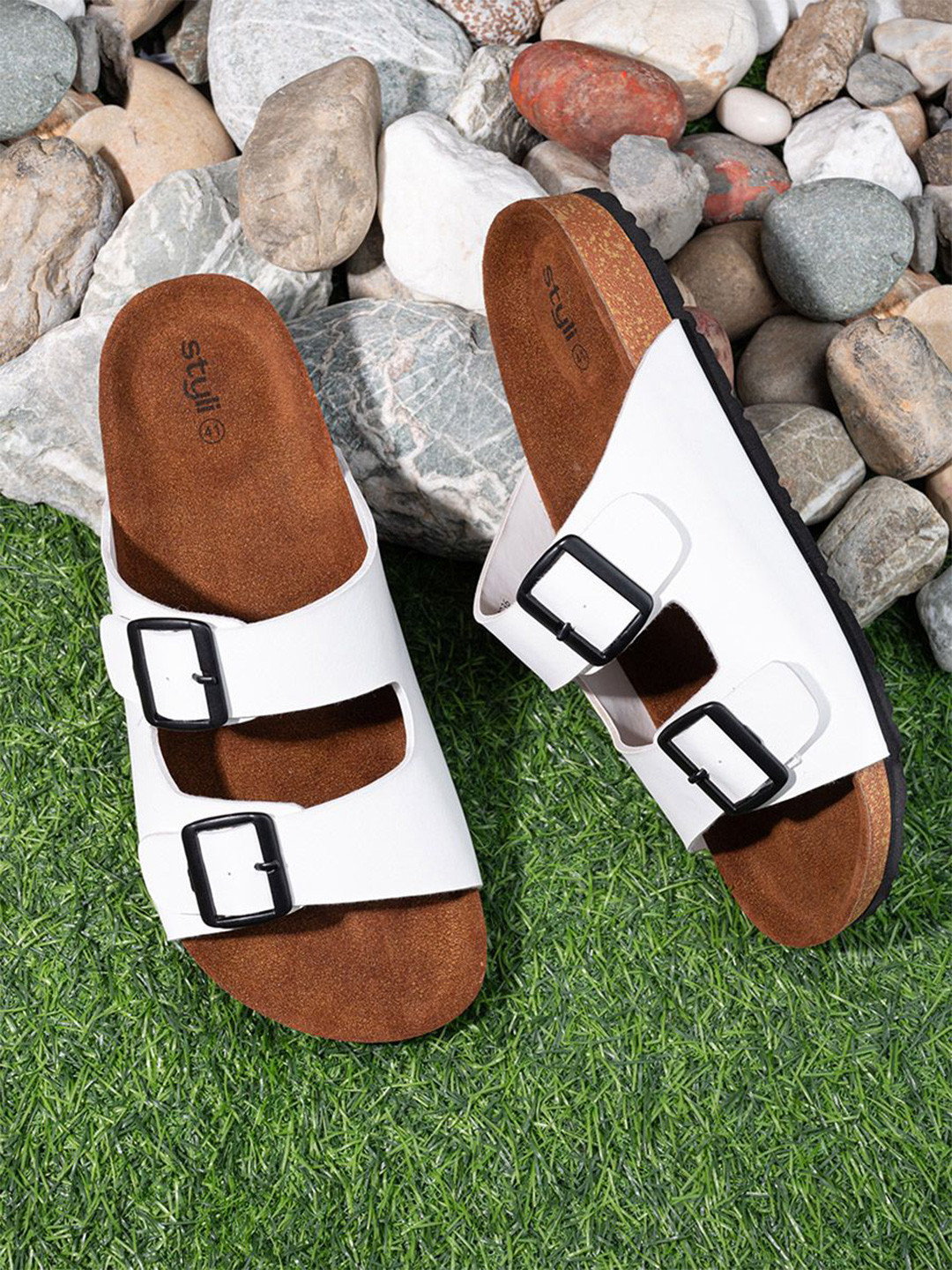 Styli Men White Double Buckle Straps Comfort Sandals