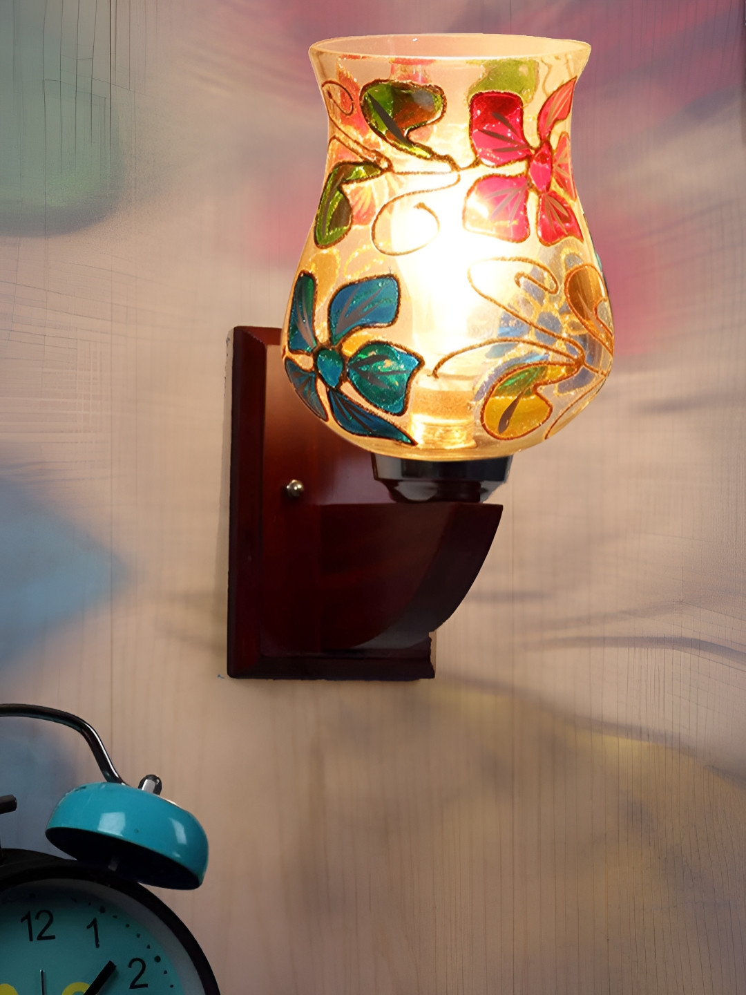 Devansh Transparent & Blue Printed Wood Traditional Wall Lamp