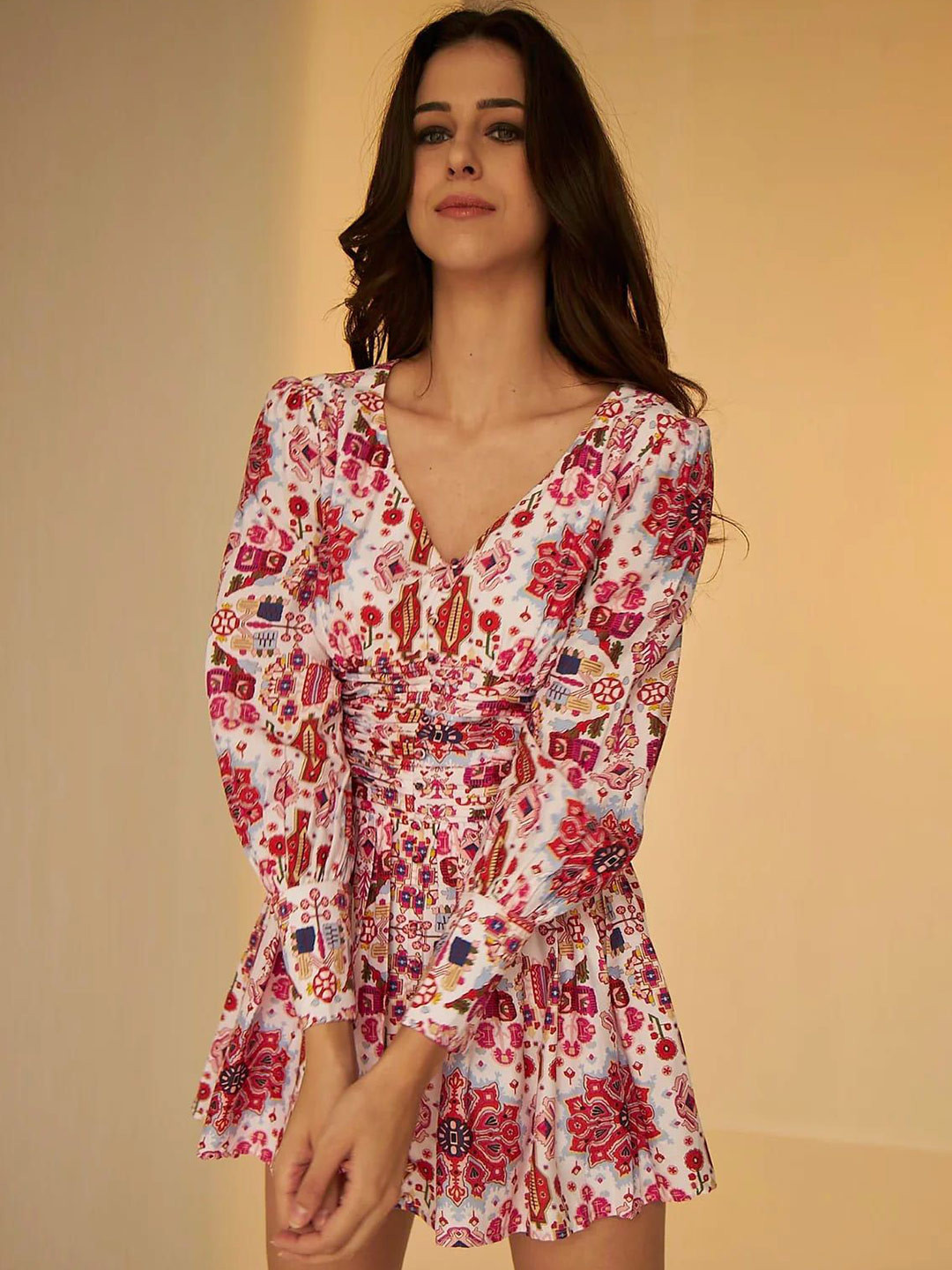 BETRUE Ethnic Motifs Printed V-neck Cuffed Sleeves Fit & Flare Mini Dress