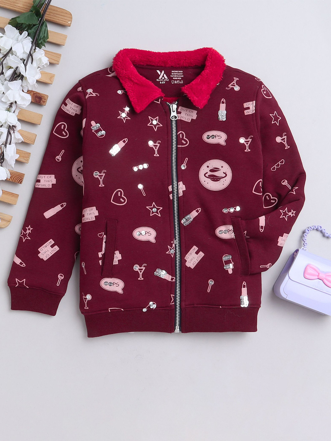 Yellow Apple Girls Conversational Printed Lapel Collar Wool Cardigan Ribbed Sweater