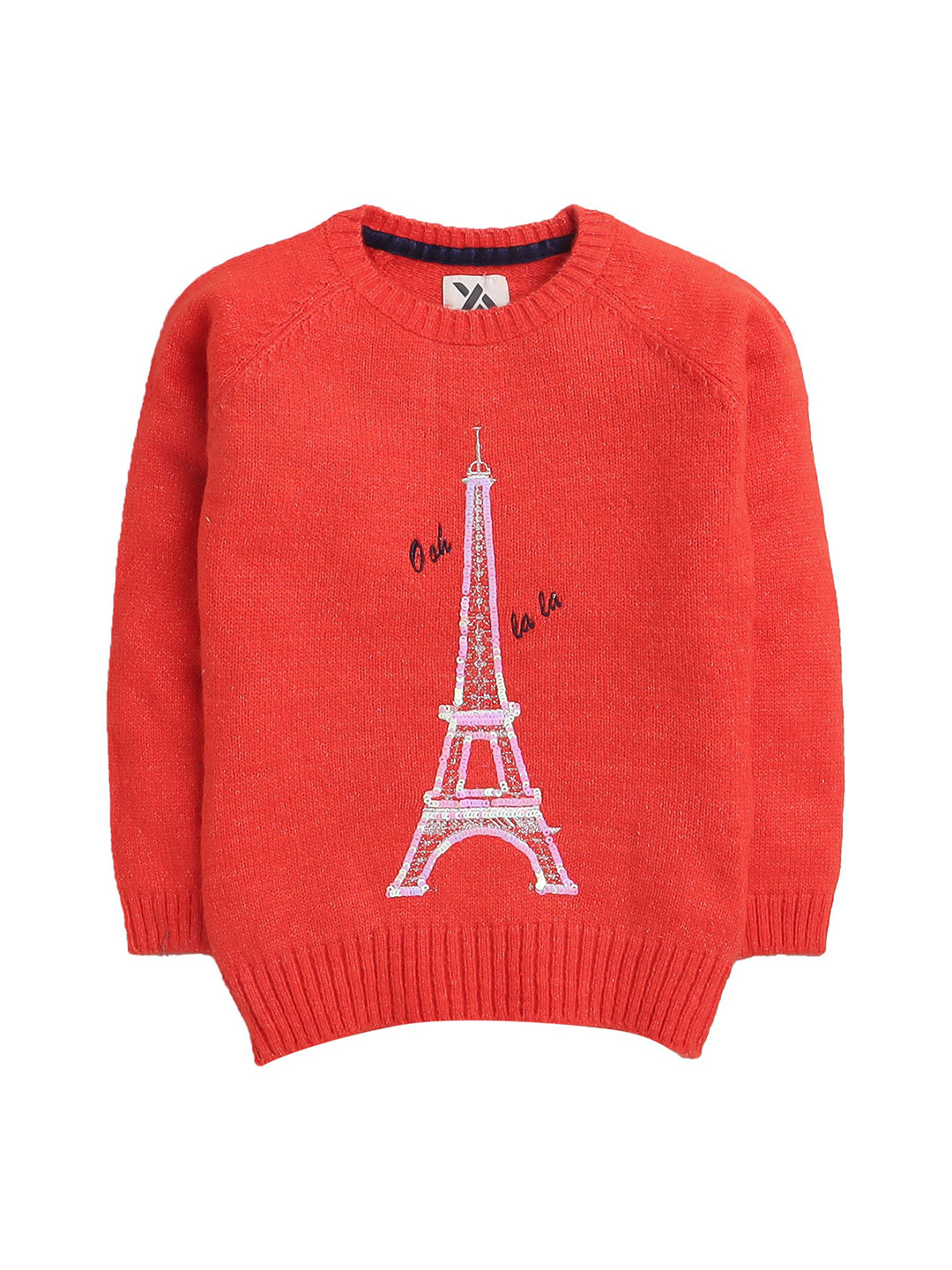 Yellow Apple Girls Embroidered Self Design Round Neck Wool Pullover Ribbed Sweater