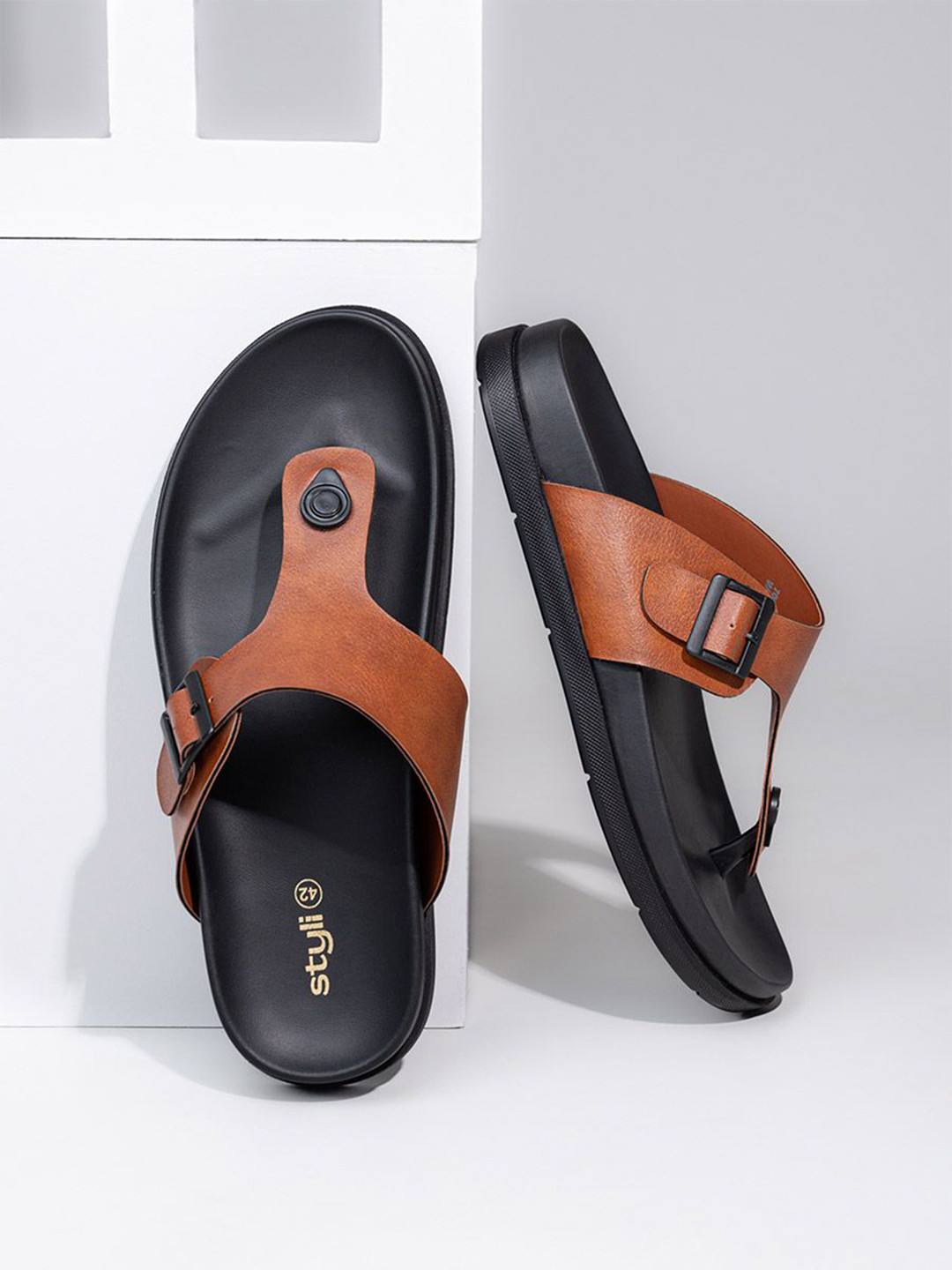 Styli Men Tan Brown Buckle Detail Open Toe Comfort Sandals