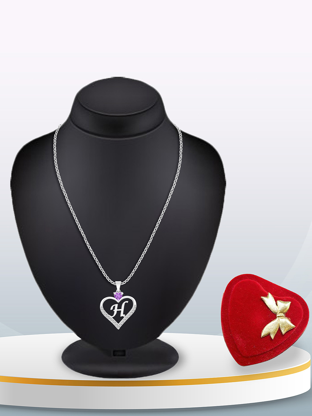 Heer Collection Silver-Plated CZ Studded Alphabet 'H' Heart Shaped Pendant & Chain