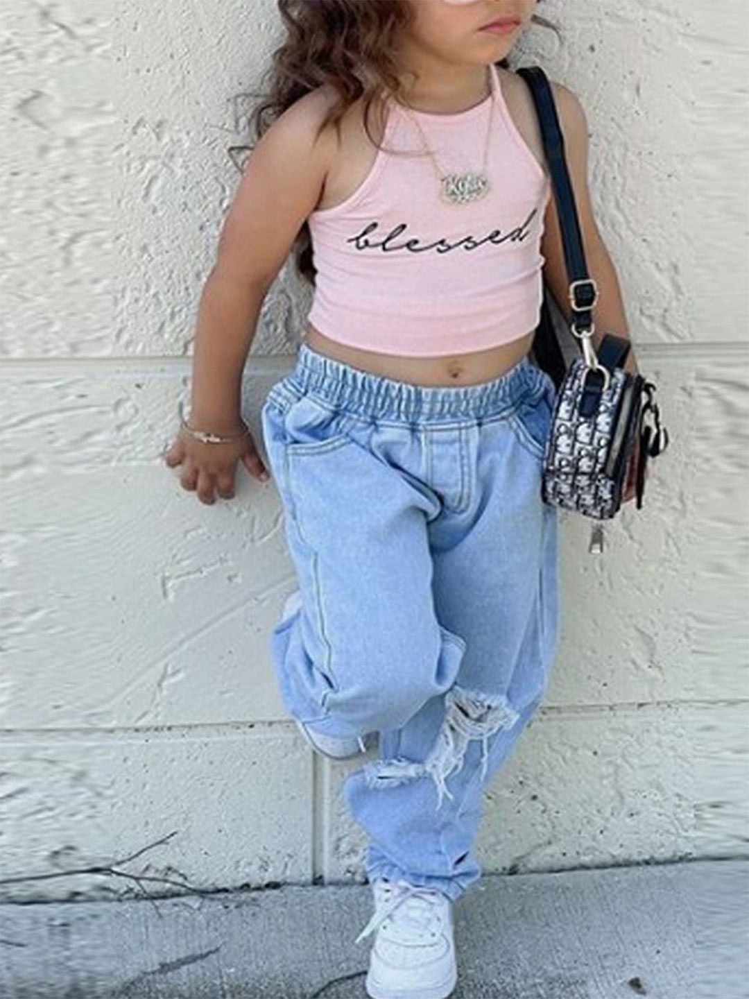 LULU & SKY Girls Printed Top with Straight Jeans