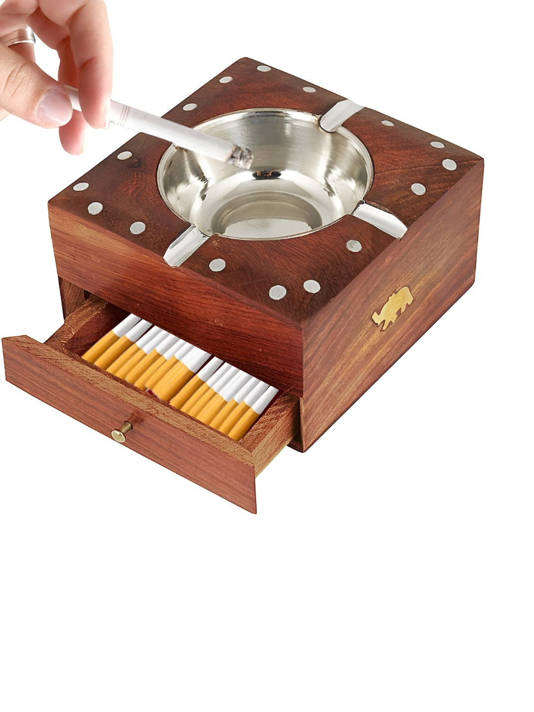 natureCRAFTS Brown & White Printed Square Shaped Drawer Wooden Ash Tray