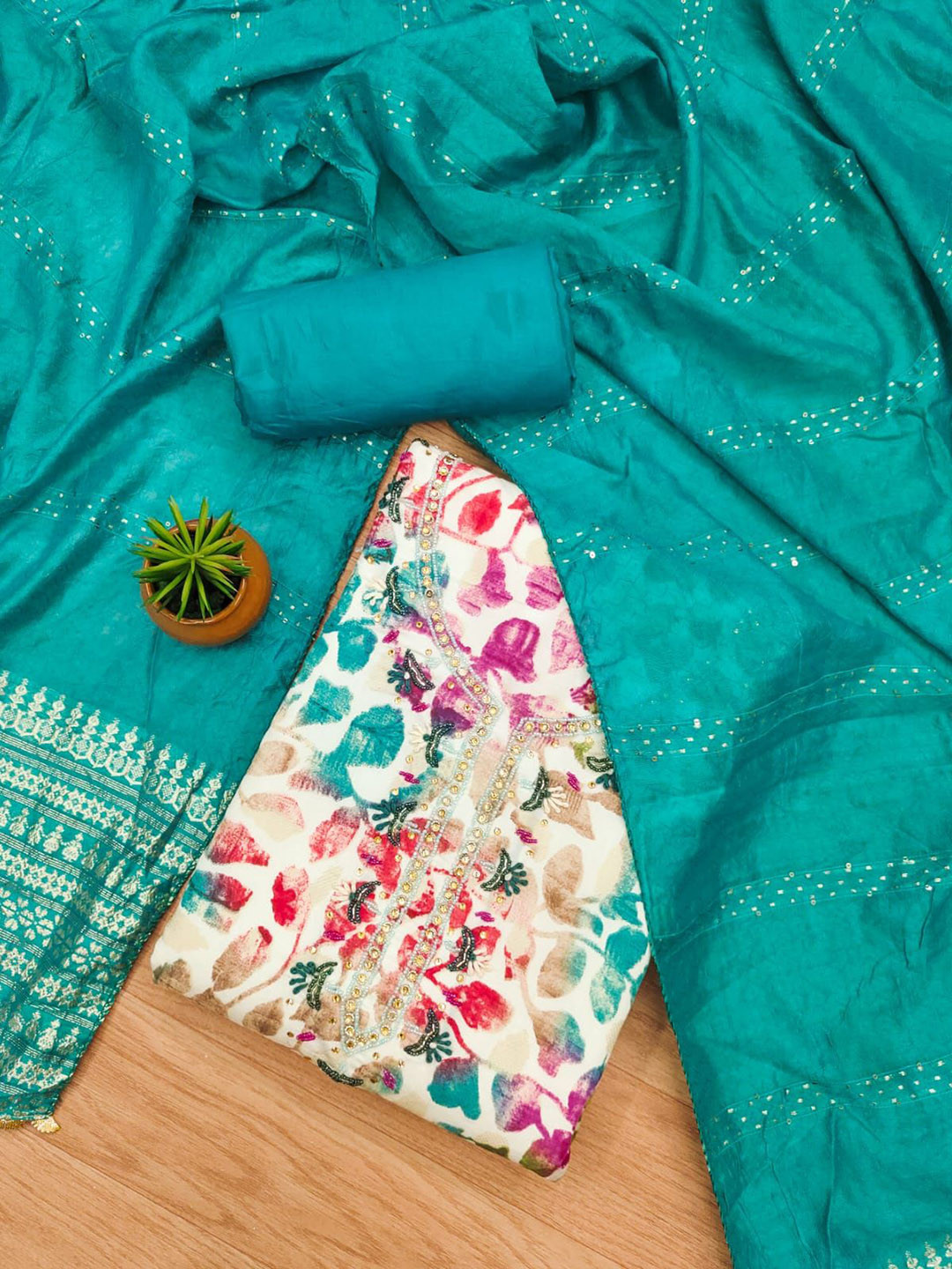 LeeliPeeri Designer Beads and Stones Printed Unstitched Dress Material