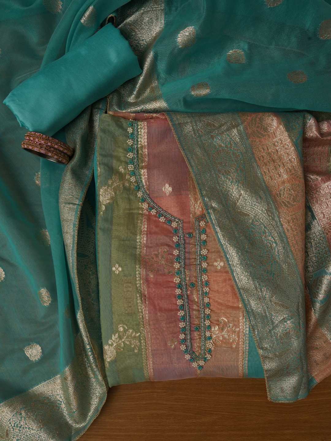 Jaipur Kurti WomenZari Woven Silk Blend Embellished Dress Material With Dupatta