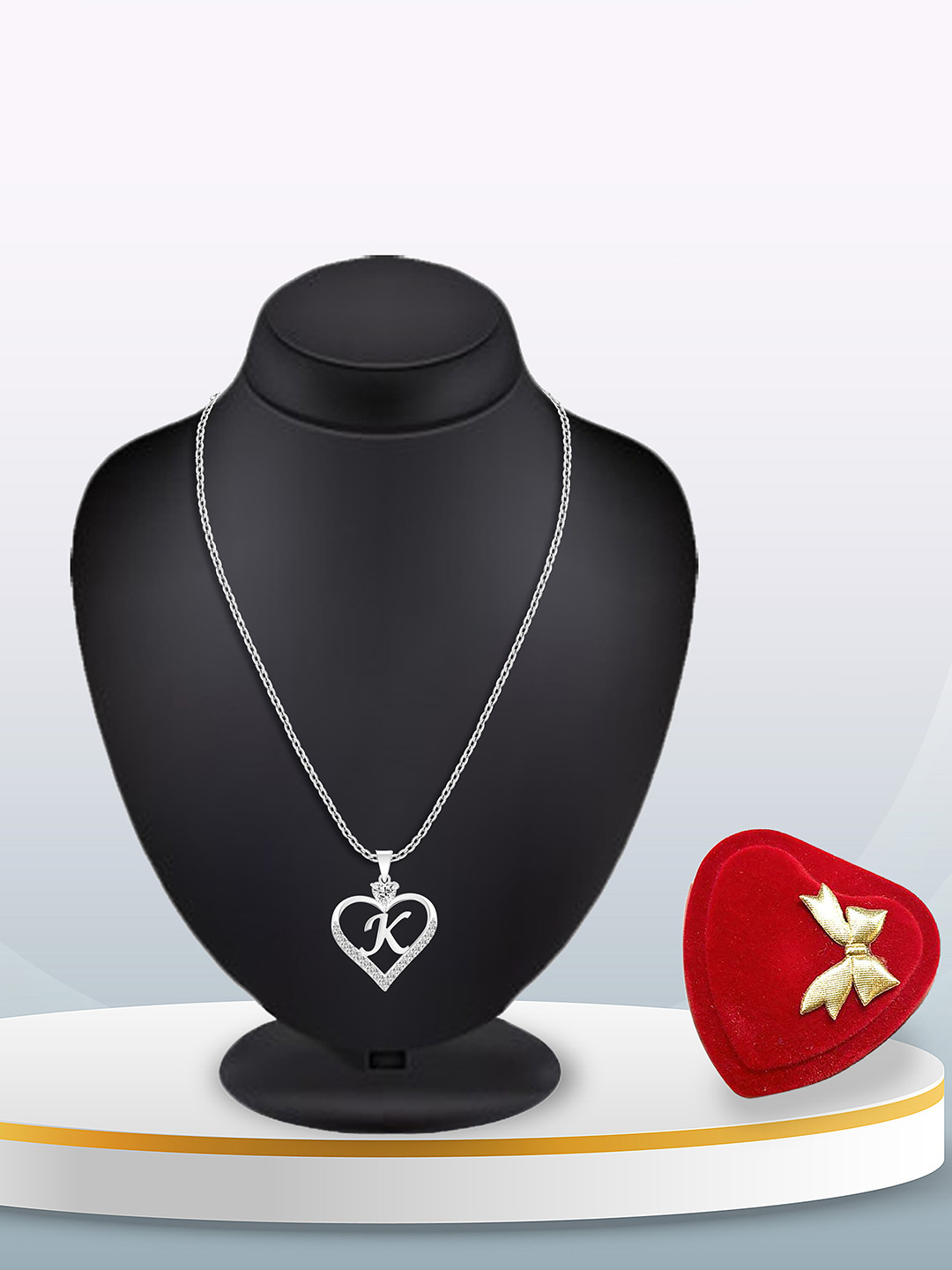 Heer Collection Silver-Plated CZ Studded Alphabet 'k' Heart Shaped Pendant & Chain