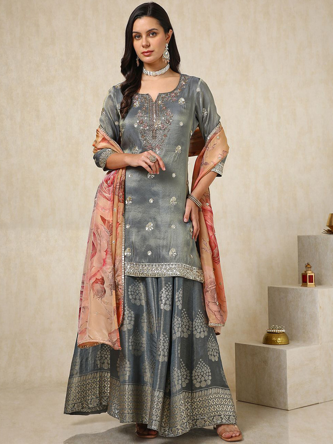 Soch Ethnic Motifs Embroidered Zardosi Kurti with Palazzos & Dupatta