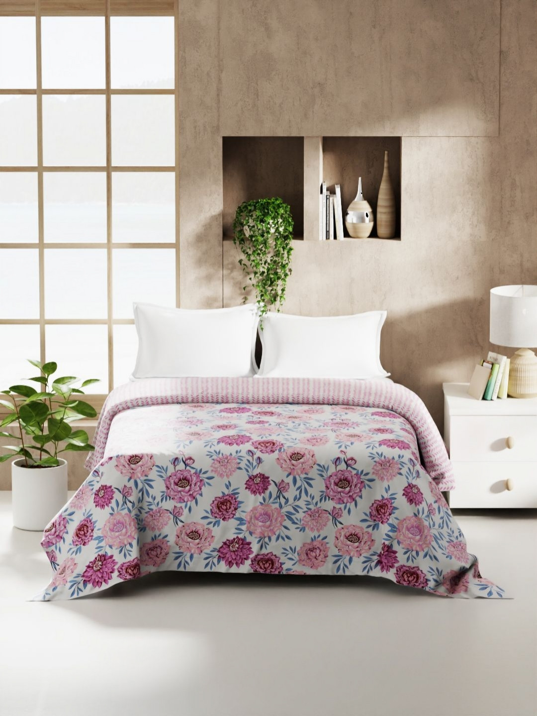 KOPA Monarca Off White & Pink Floral Printed AC Room 120 GSM Double Bed Comforter