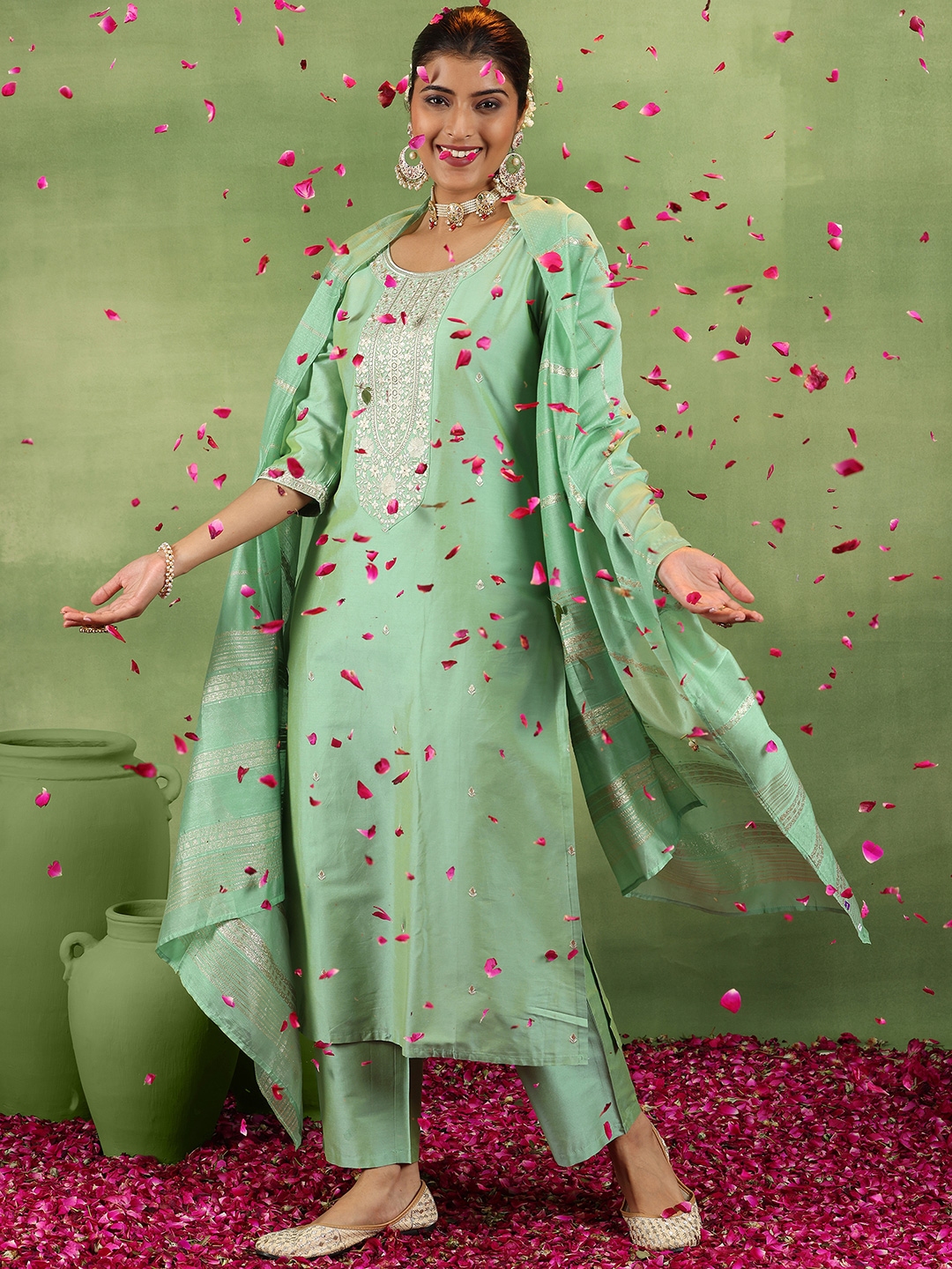 Libas Floral Embroidered Round Neck Zari Straight Kurta With Trousers & Dupatta - Kurta Sets for Women 31148174 | Myntra