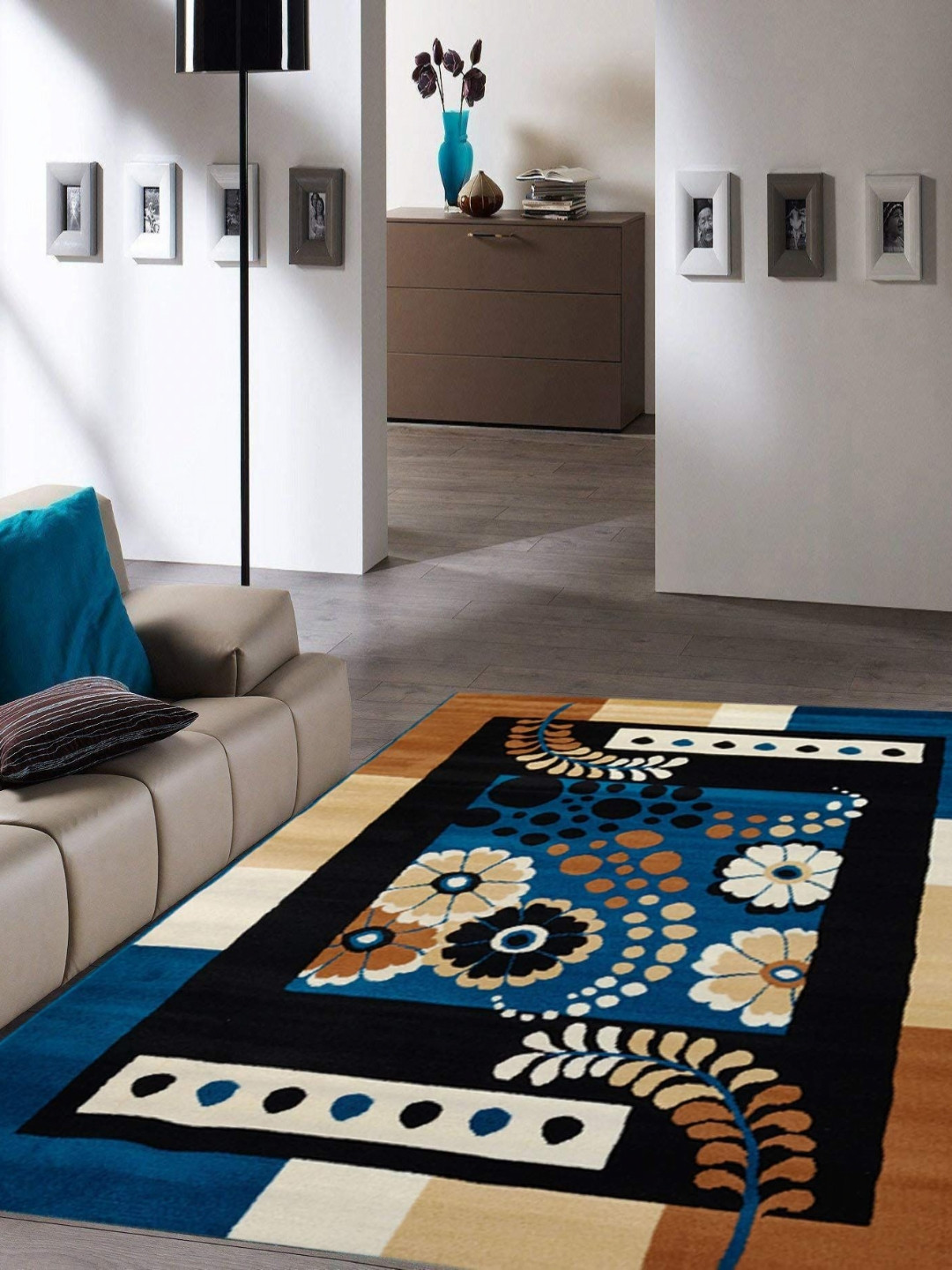 CARPETIFY Blue Floral Anti-Skid Polypropylene Carpet